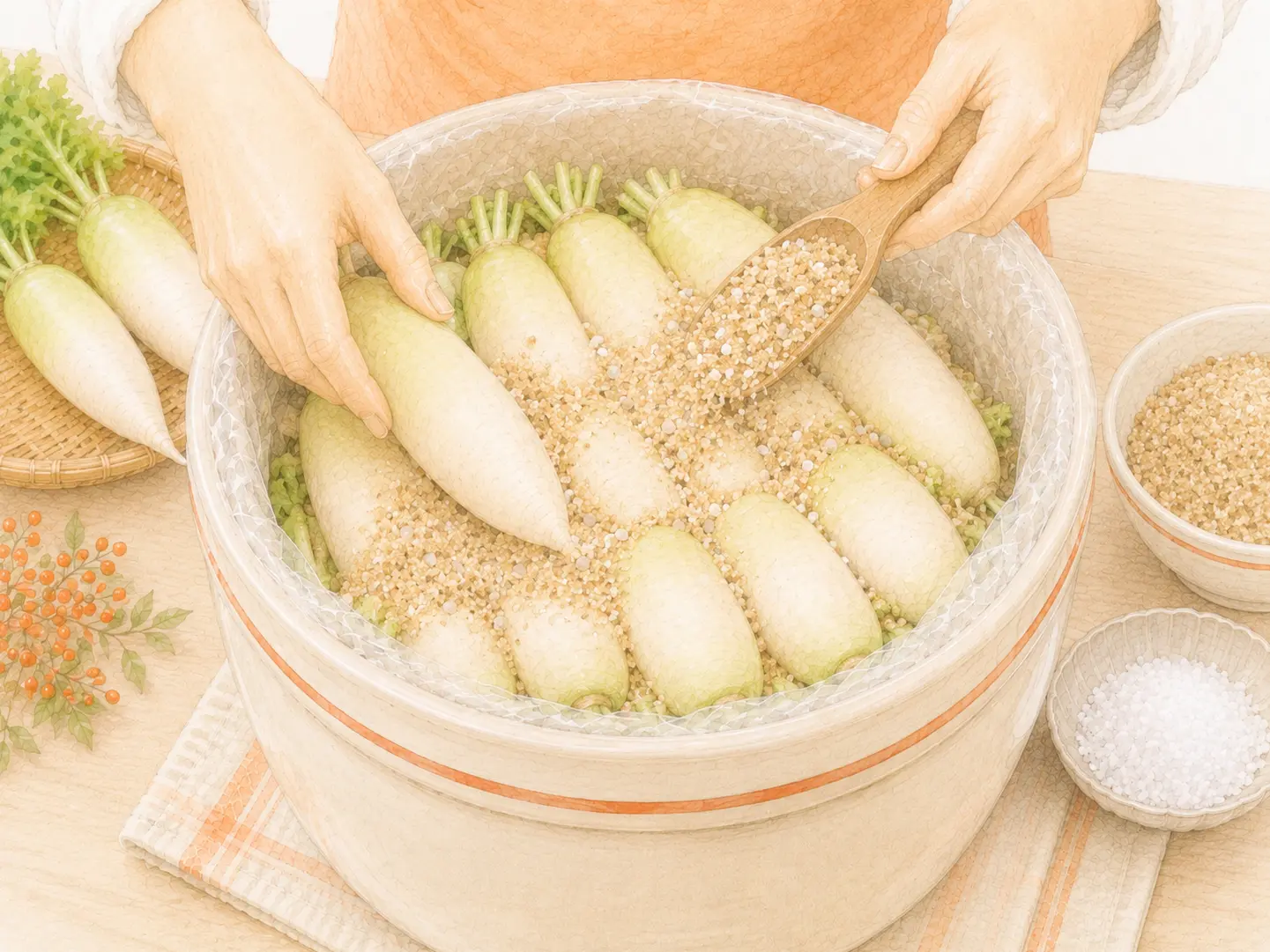 調味ぬかを敷いた漬物容器へ大根を隙間なく並べている工程