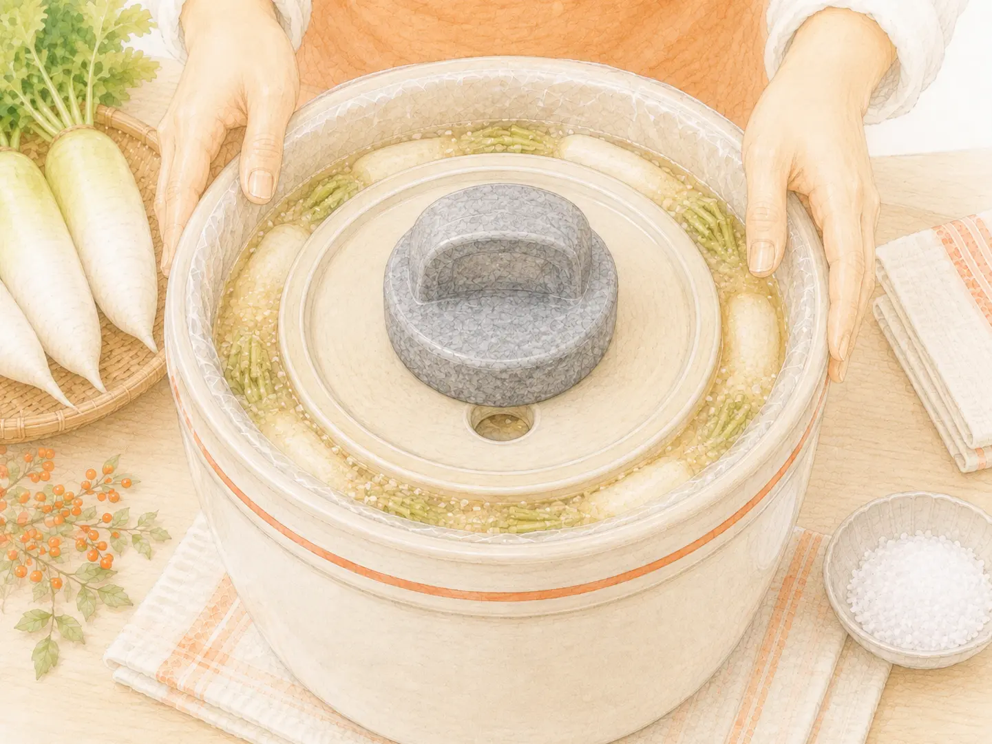 本漬けした大根へ押し蓋と重石を載せ、漬け水の上がりを確認している工程