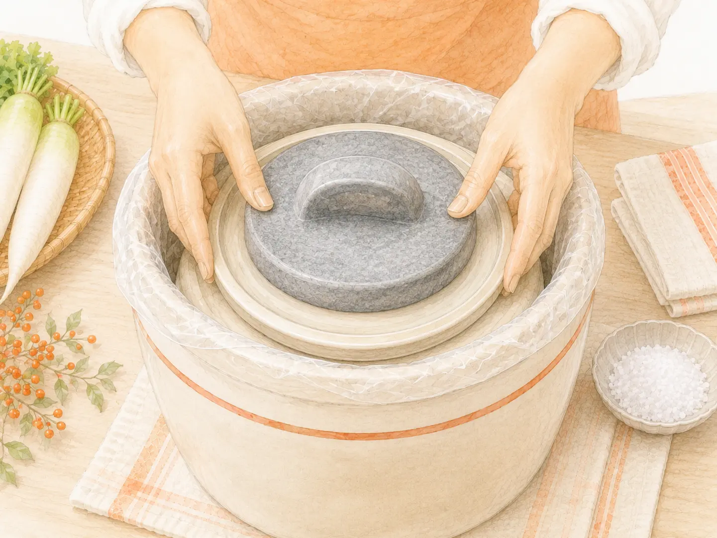 漬物容器の押し蓋の上へ安全に重石を載せている工程