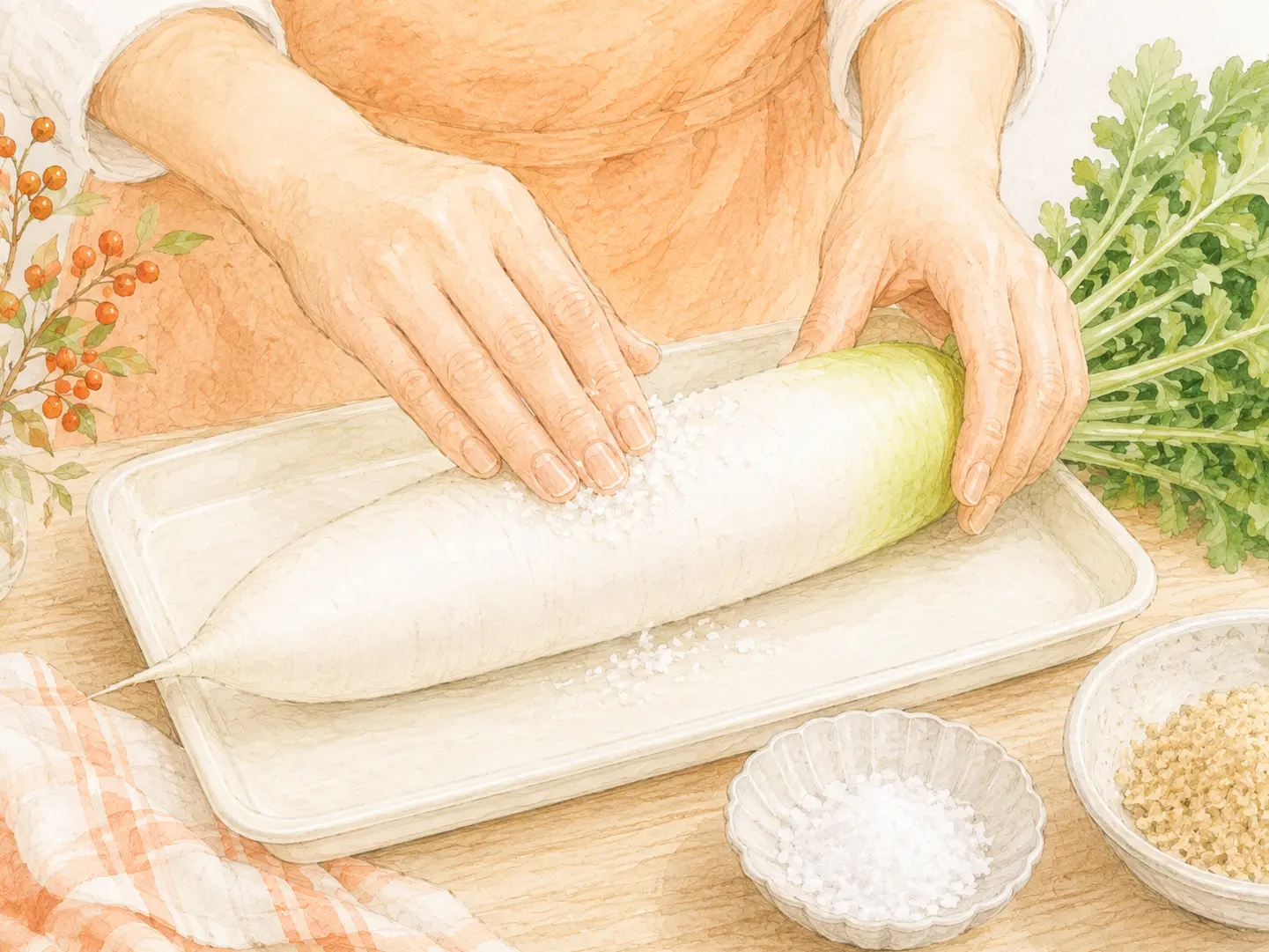 大根の表面へ計量した塩を手ですりつけている工程