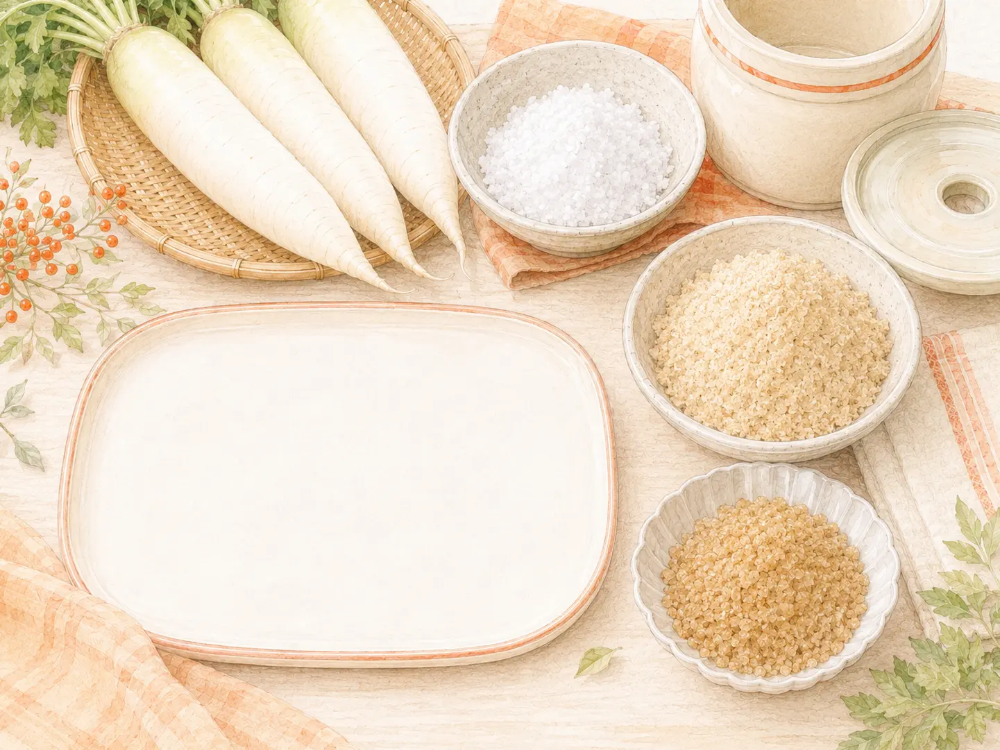 沢庵漬の素75g、食塩、米ぬか、ザラメ糖をはかりで正確に量って並べた工程
