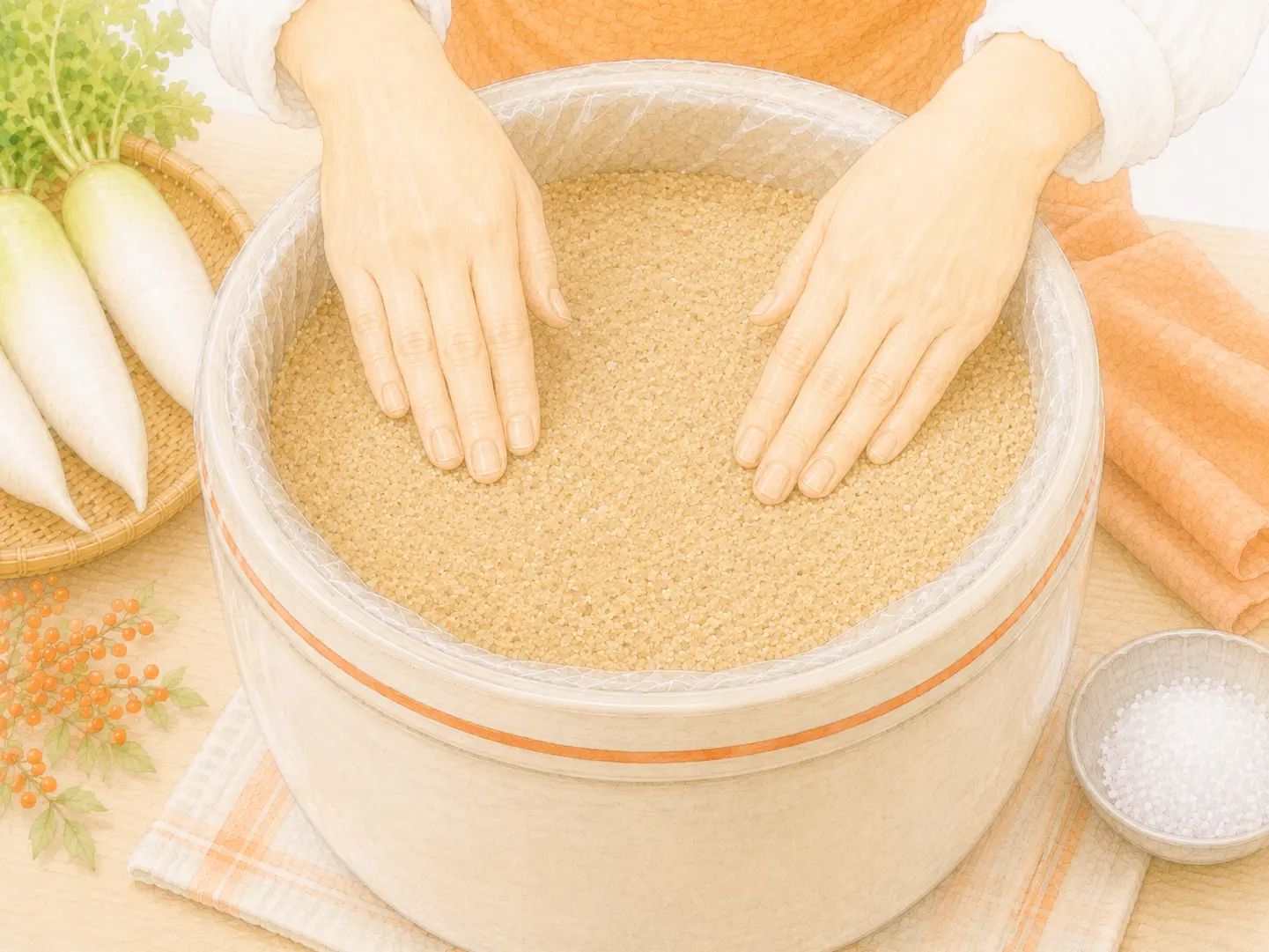 たくあんを取り出した後、調味ぬかの表面を平らにならしている工程