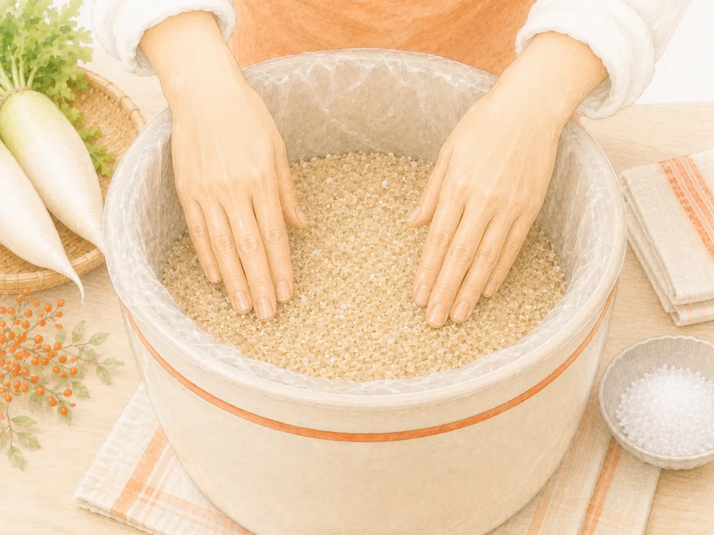 漬物用ポリ袋をセットした容器の底へ調味ぬかを薄く敷いている工程