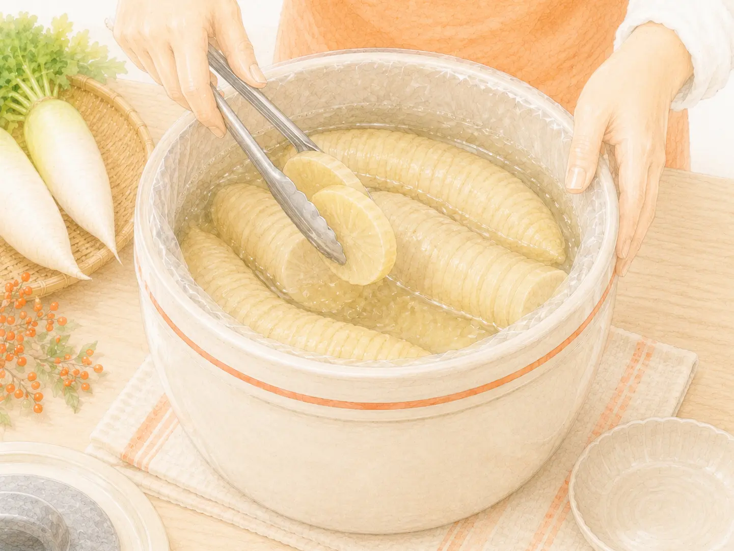 漬物容器から食べる分のたくあんだけを清潔に取り出している工程