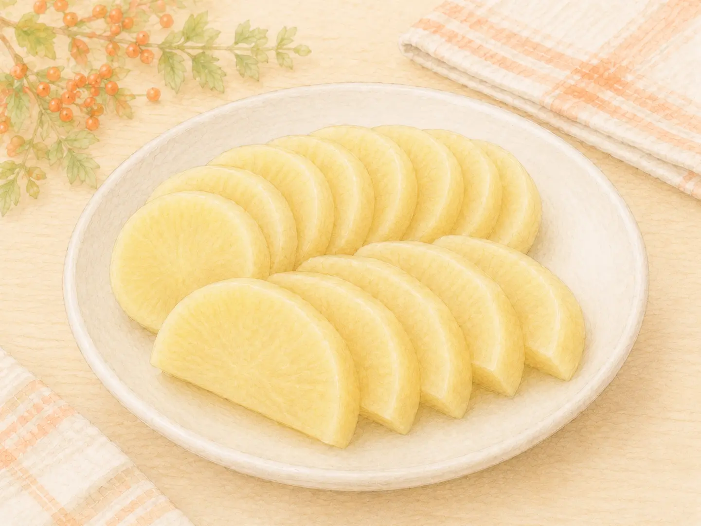 本漬けから約1か月後、食べ頃を迎えた手作りたくあんを切って盛り付けた様子