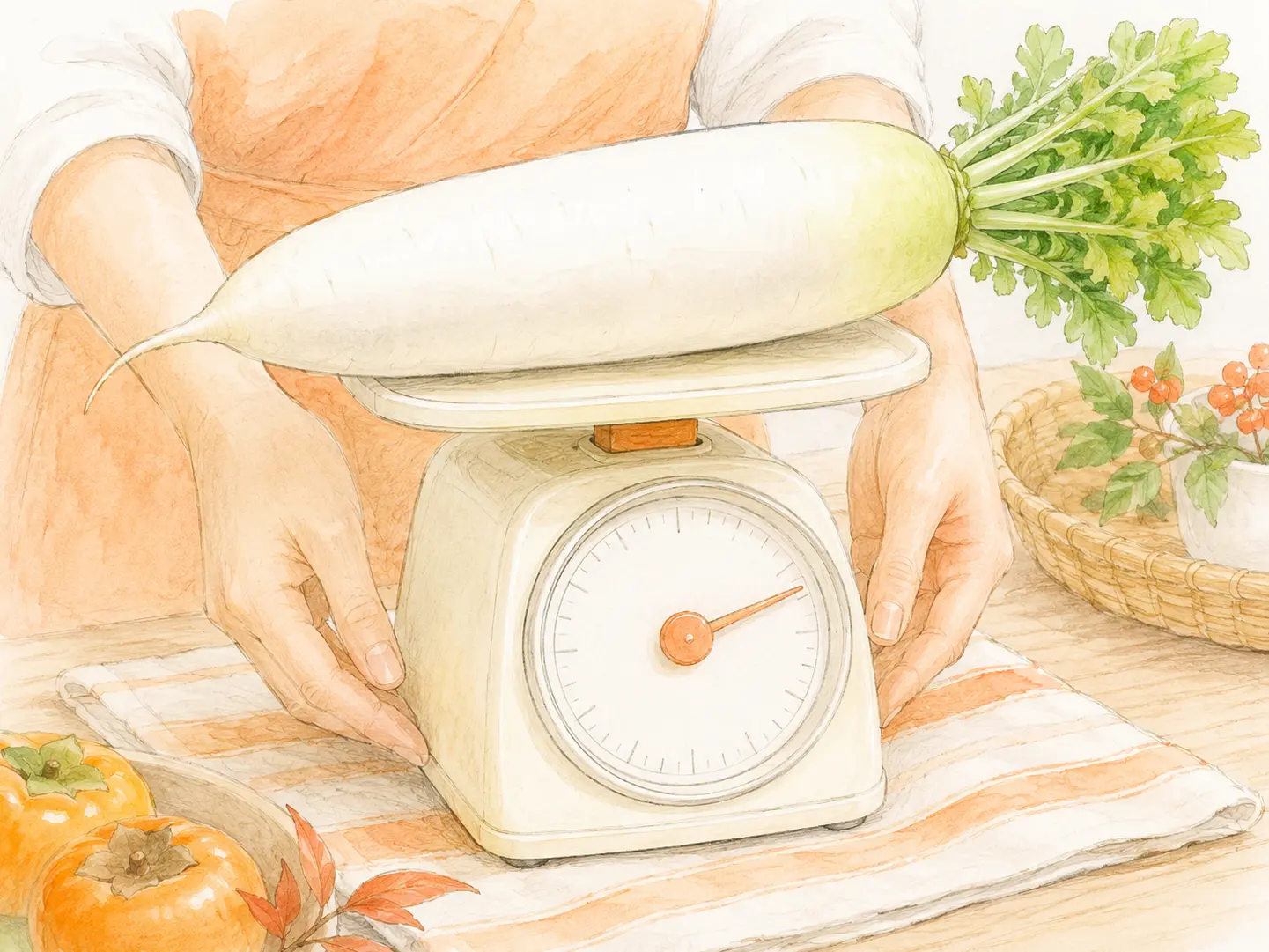 干す前の大根1本を台ばかりへ載せて重量を量っている手描き風イラスト