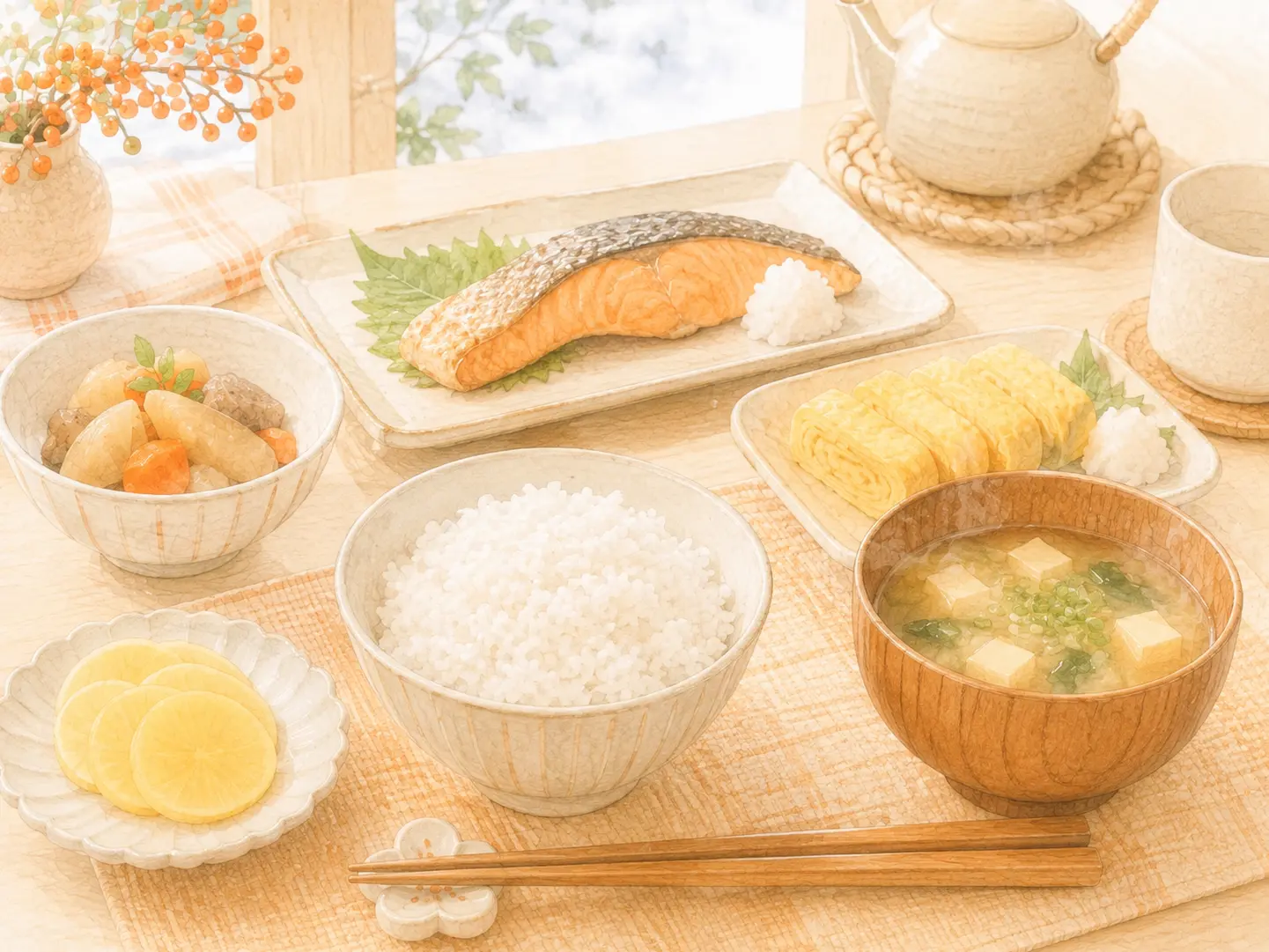 手作りたくあんを小皿へ盛り、ご飯と味噌汁を添えた明るい冬の家庭の食卓