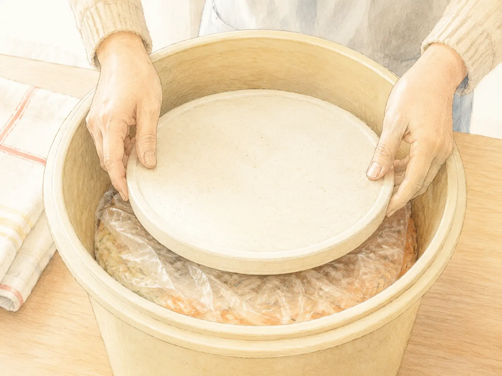 袋を閉じた漬物樽の上へ押し蓋を水平に置いている工程