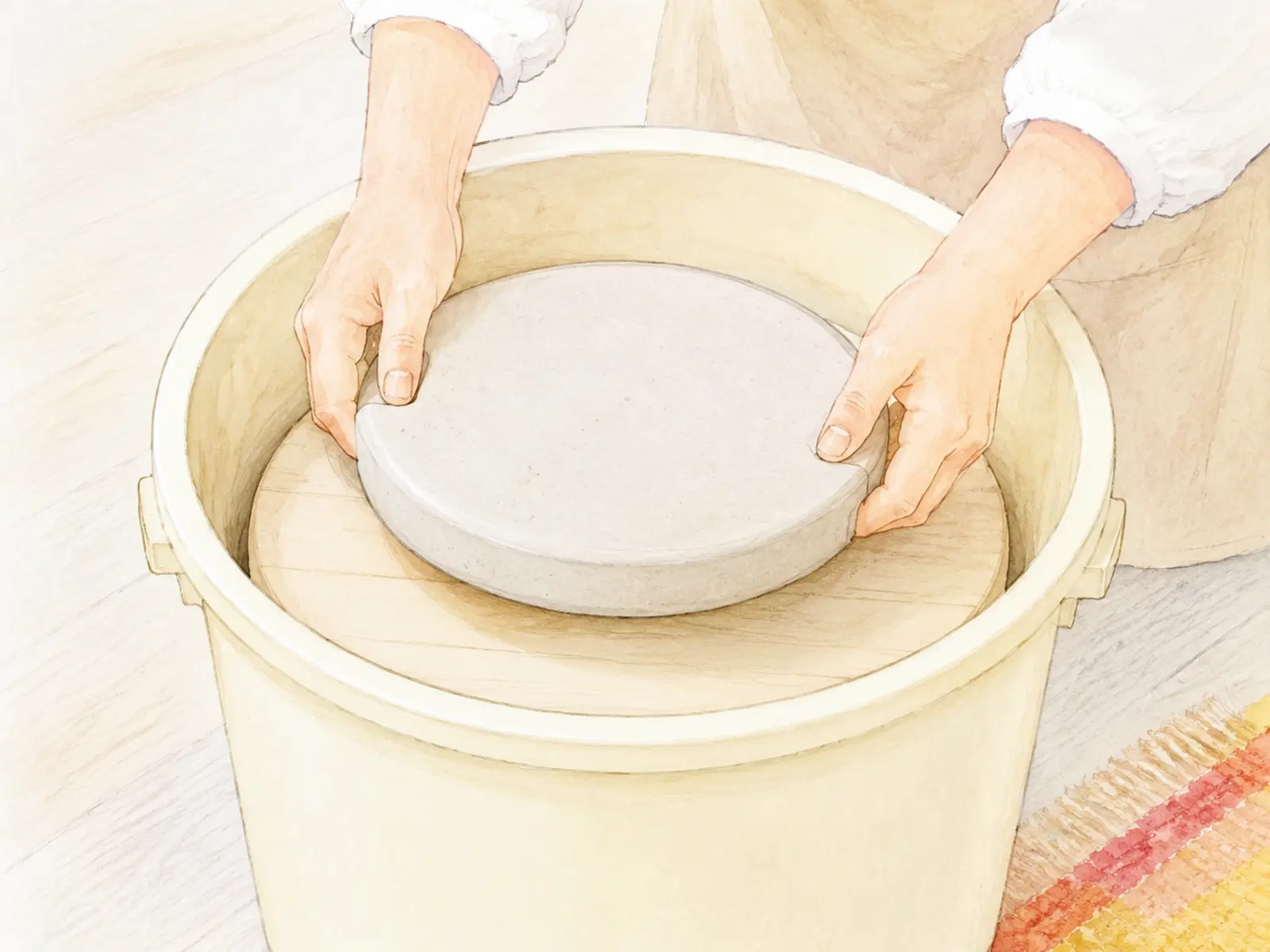 漬物樽の押し蓋の中央へ実用的な大きさの重石を安定させて載せている工程