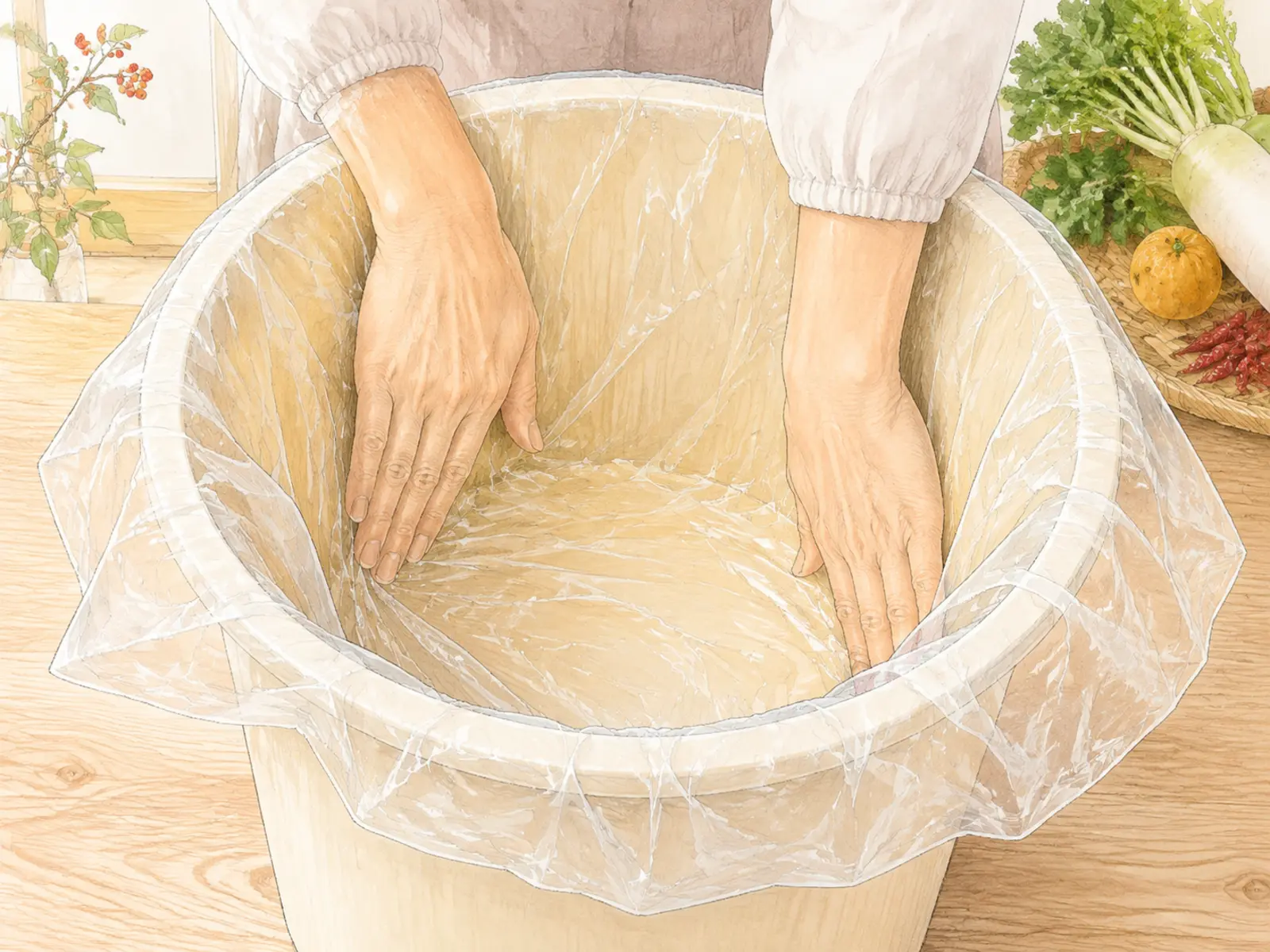 生成り色の漬物樽の内側へ食品用ポリ袋をきれいに沿わせている工程