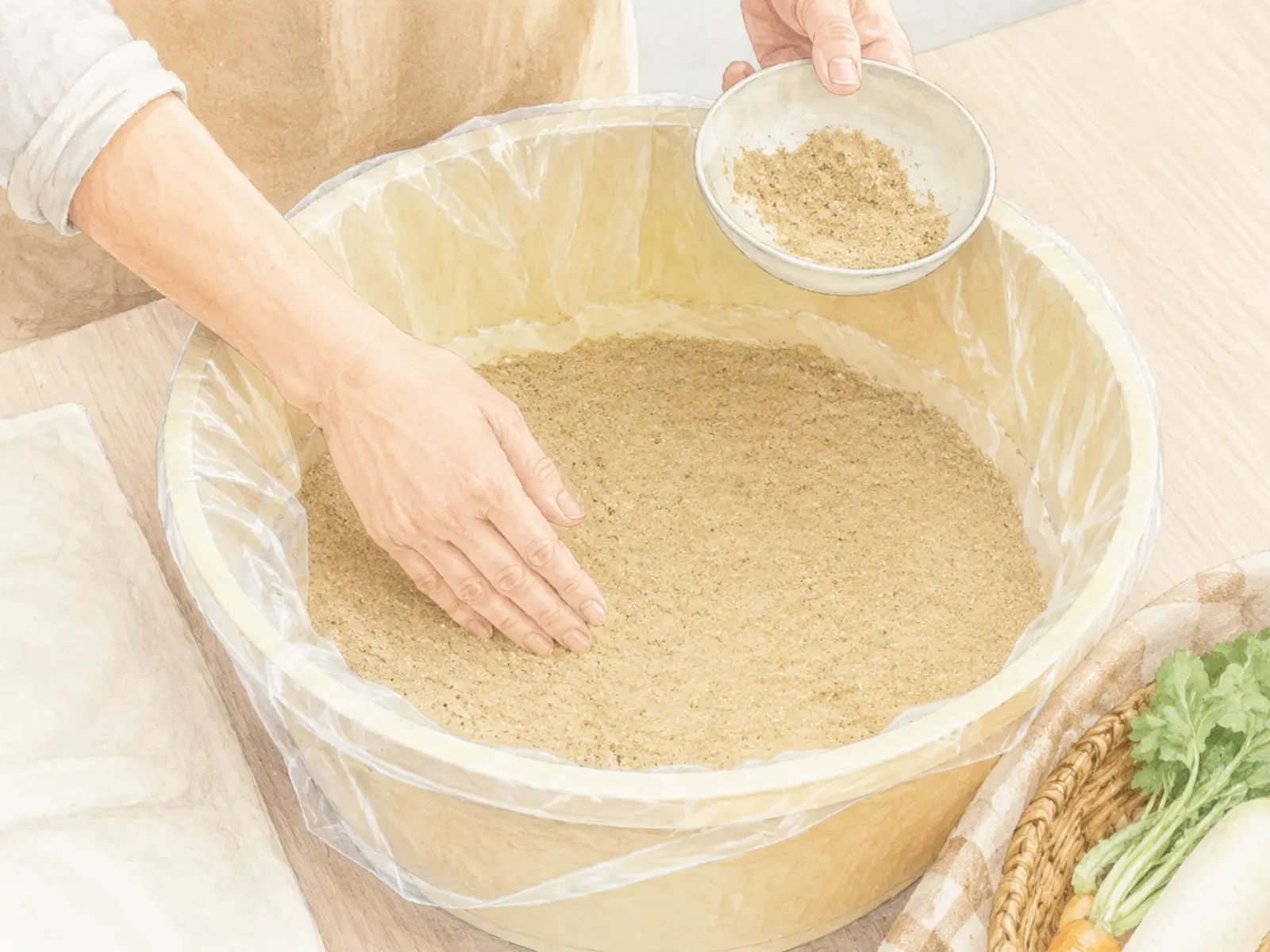 漬物用ポリ袋をセットした樽の底へ混合ぬかを薄く均一に敷いている工程