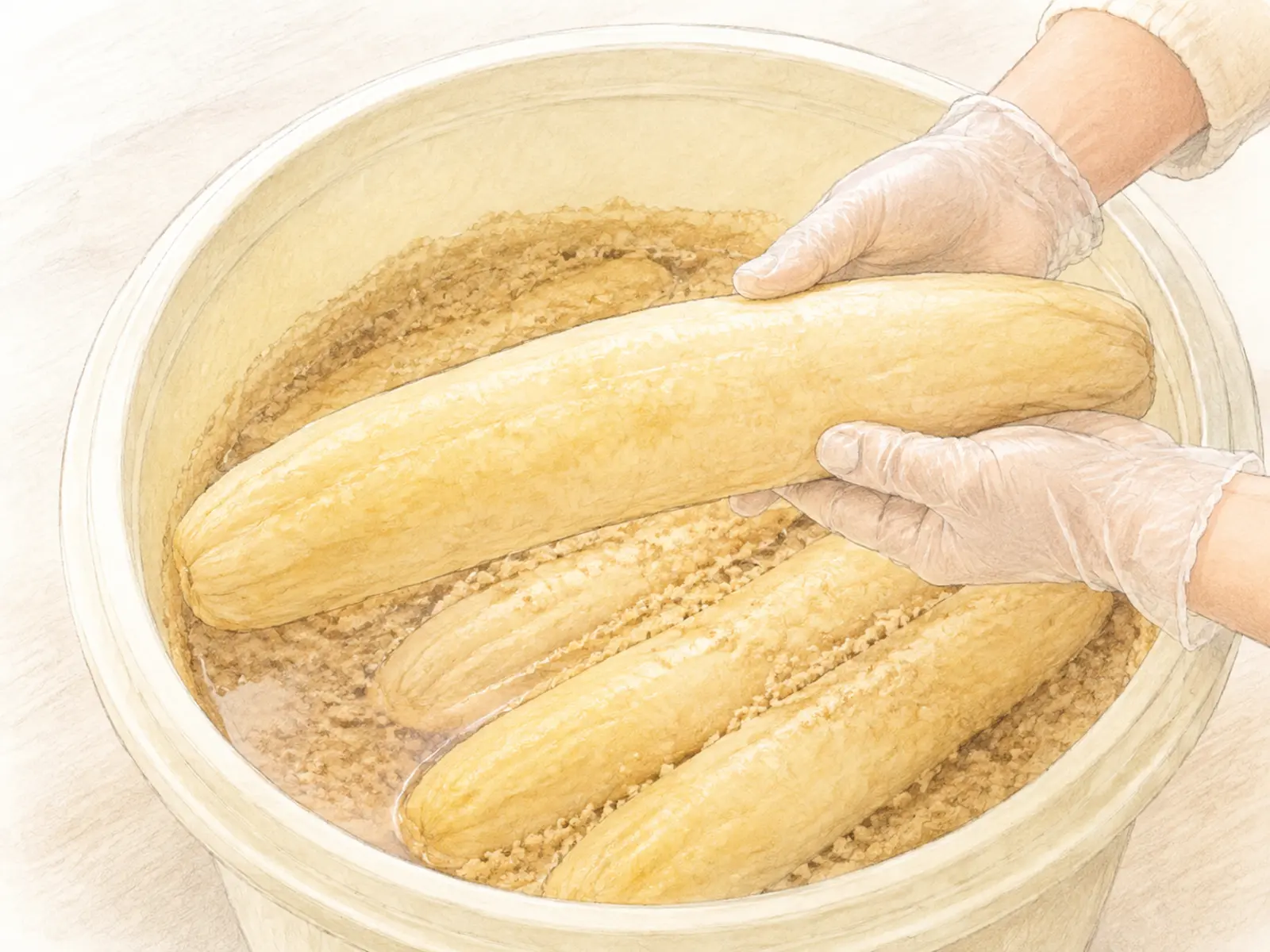 漬物樽から食べる分のたくあんだけを清潔な手順で取り出している工程