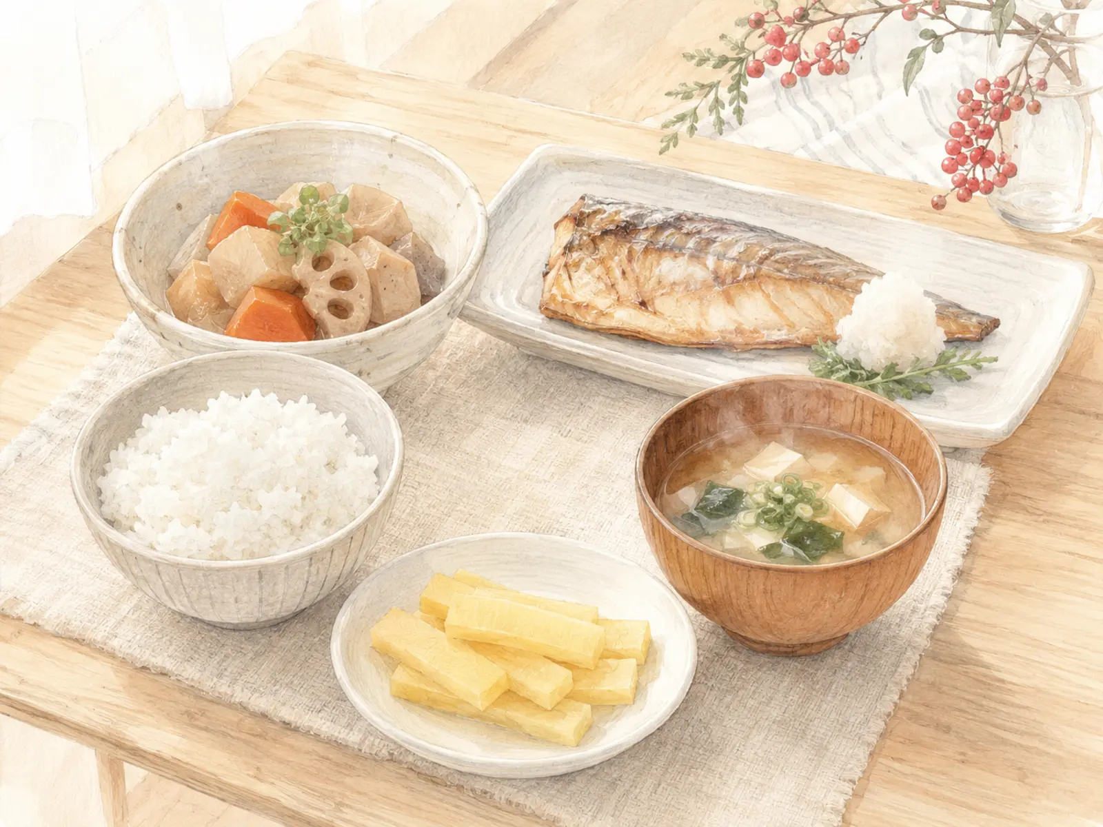 手作りたくあんを炊きたてご飯、味噌汁、冬の和食と一緒に並べた明るい食卓