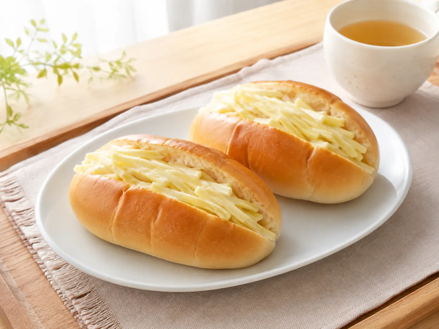 たくあんサンドパンをお茶とともに並べた明るい家庭の軽食