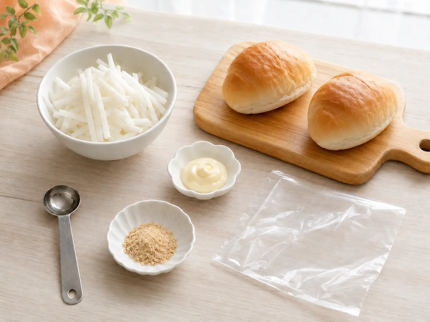 刻み大根100g、たくあん漬の素たくちゃん、バターロール2個、マヨネーズを並べた材料写真