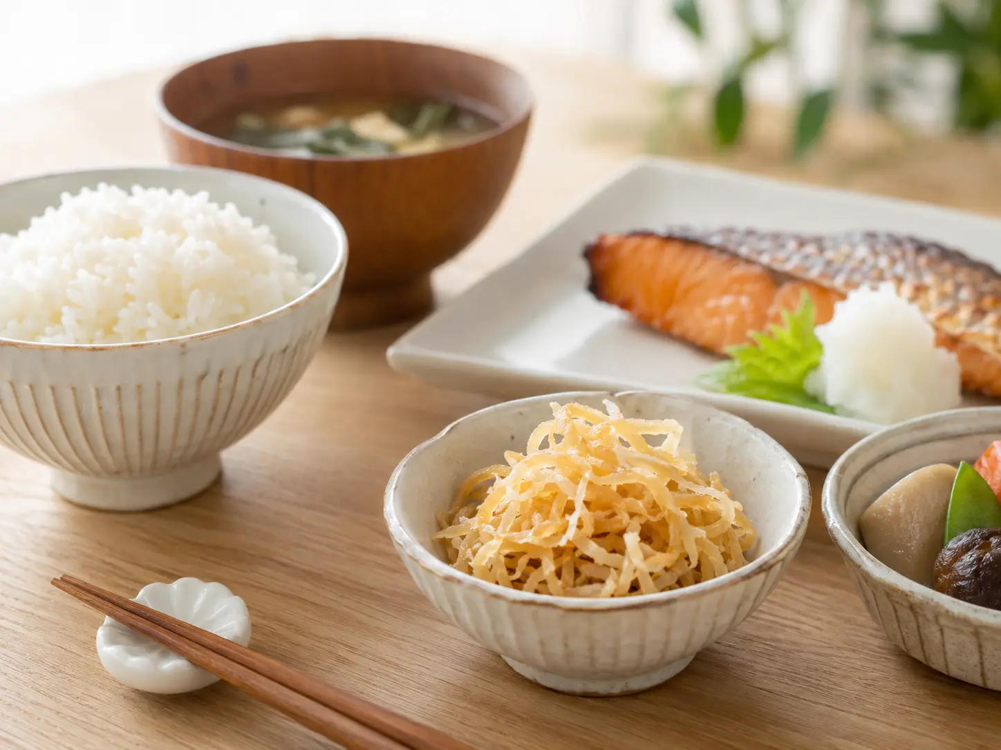 パリパリ干し大根漬けの小鉢をご飯、味噌汁、家庭的な和食と並べた食卓