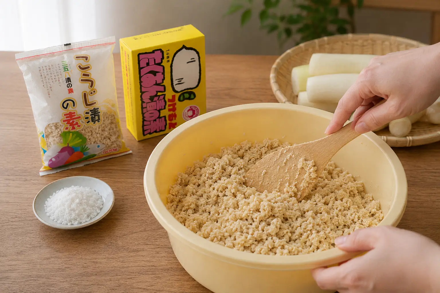 こうじ漬の素と黄箱1斗用を混ぜて調味こうじを作っているイメージ