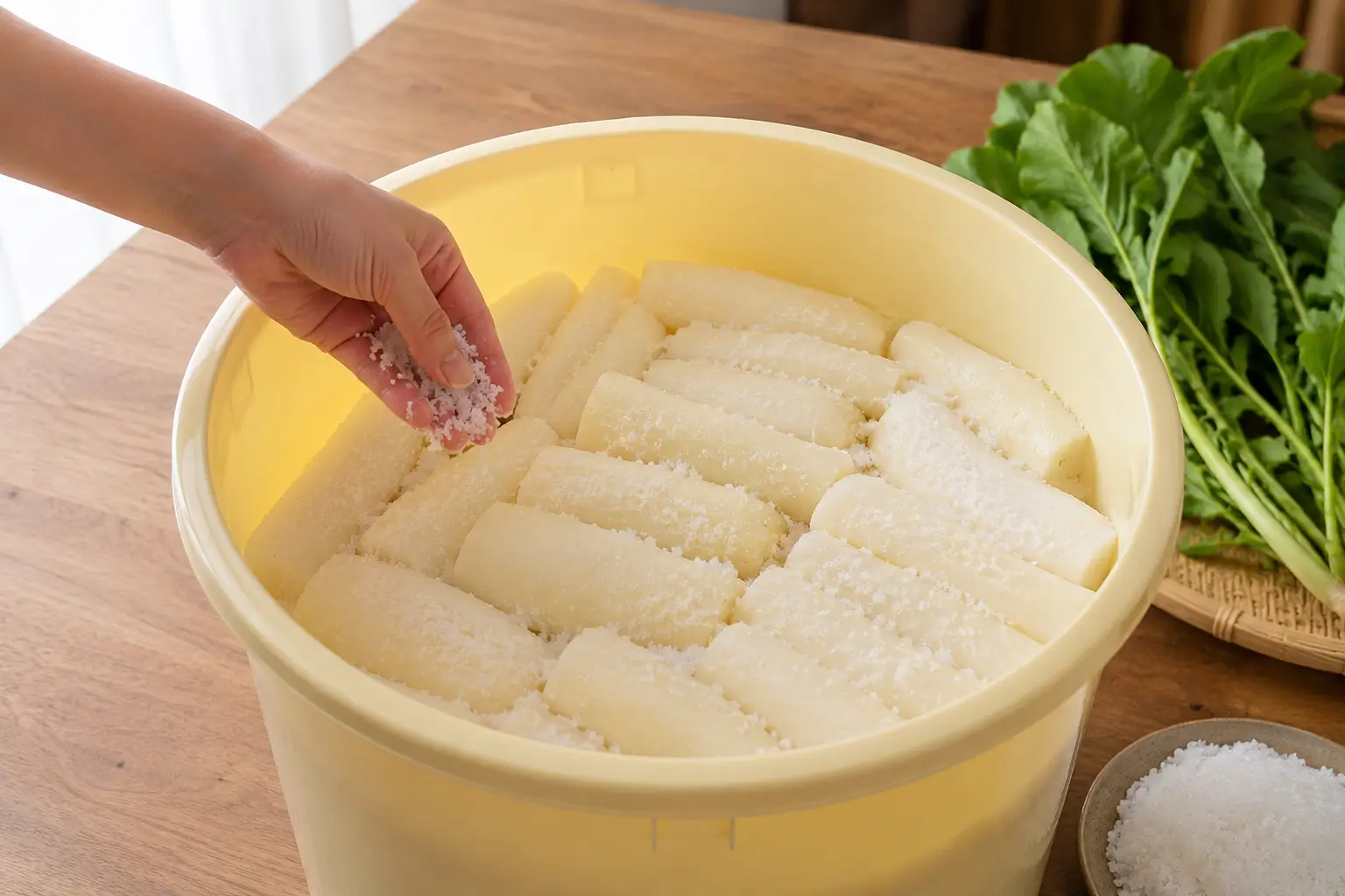漬物樽の中に塩を擦り付けた大根をすき間なく並べて下漬けしているイメージ