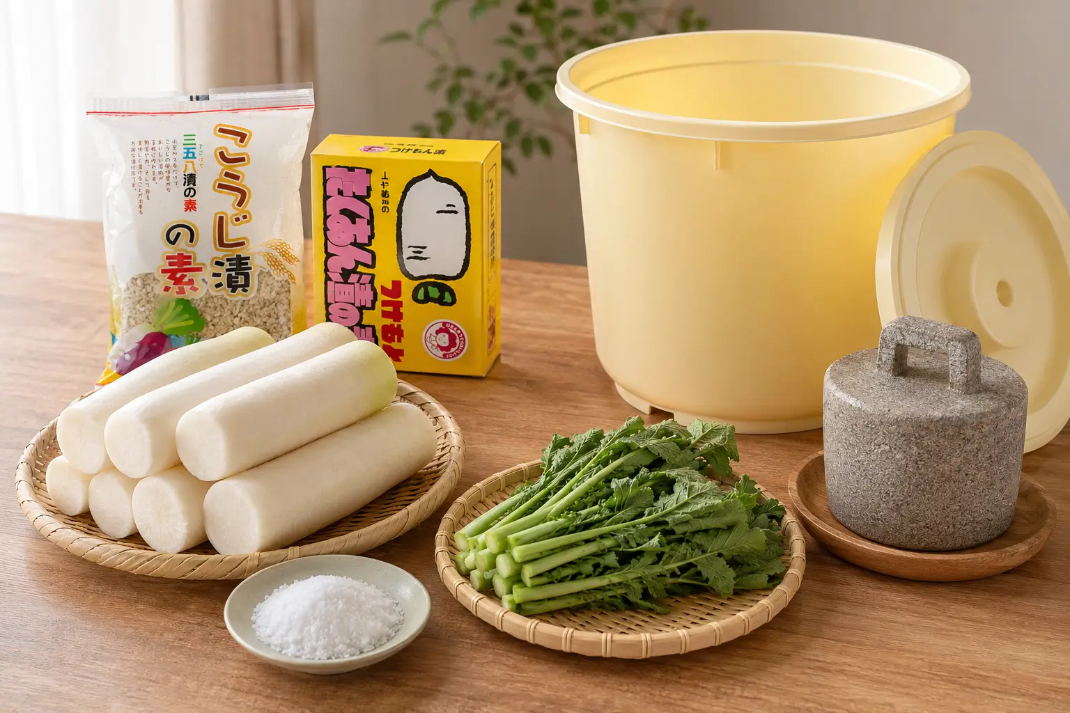 大根、こうじ漬の素、黄箱、食塩、漬物樽、押し蓋、重石を並べたイメージ
