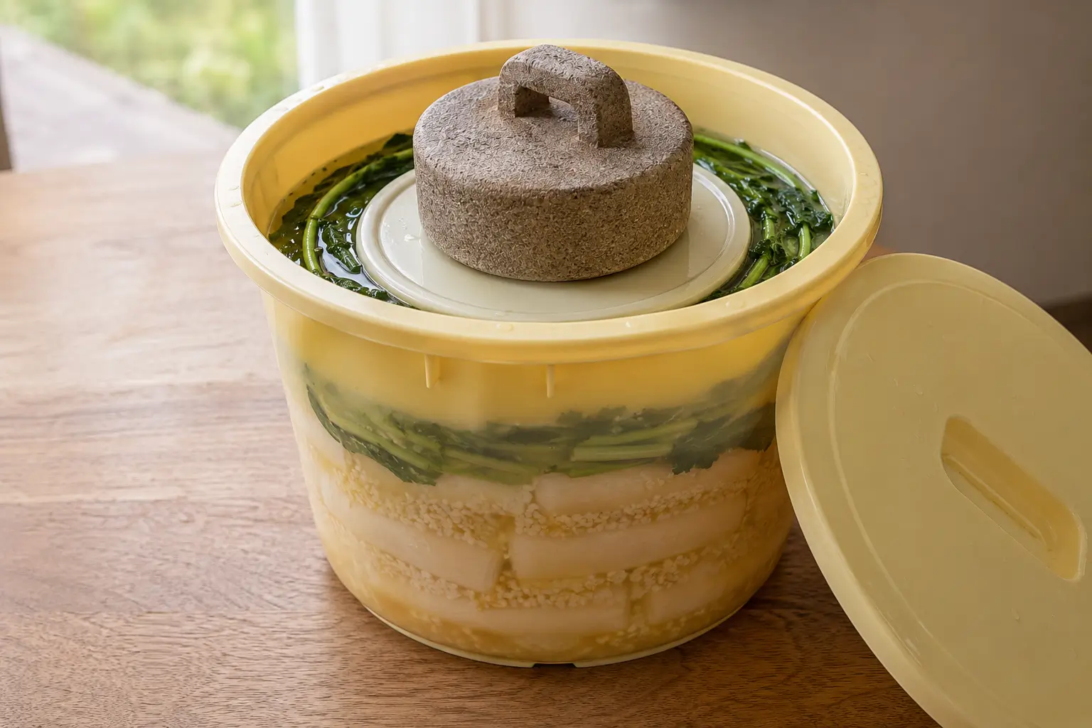 漬物樽の押し蓋の上に重石をのせて漬け水を管理しているイメージ