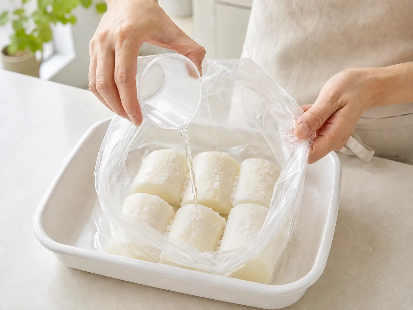 食品用ポリ袋の大根へ混ぜた調味料と酢50mlを加える手元