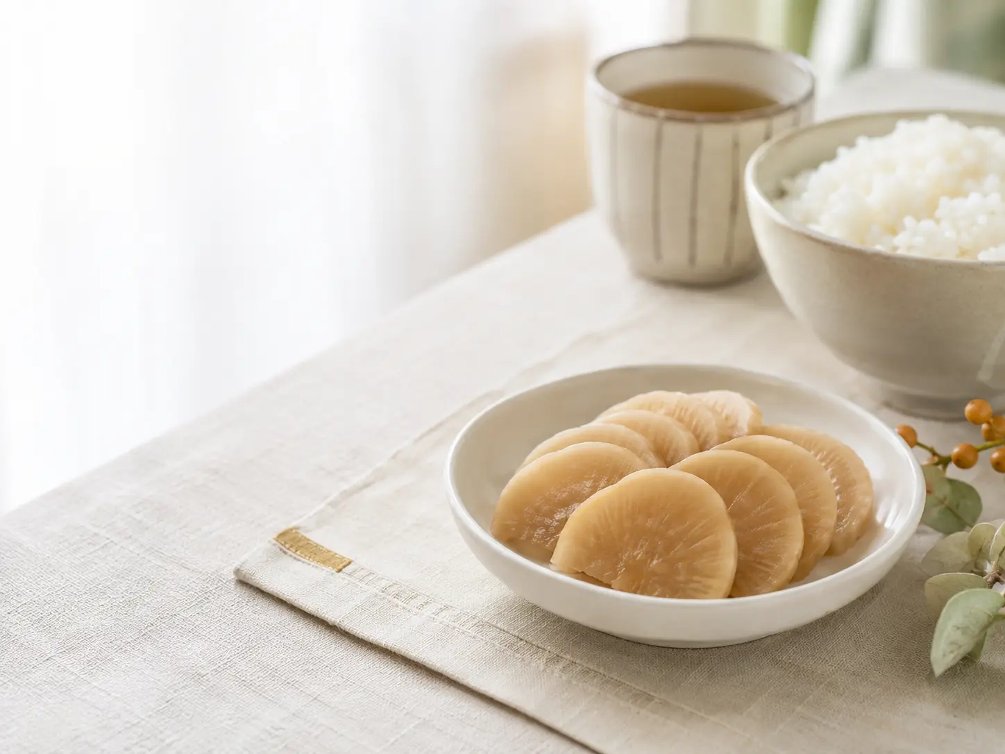 自然な淡いクリーム色の紀ノ川風甘口たくあんを生成りの小鉢に盛り、ご飯と湯のみを添えた食卓