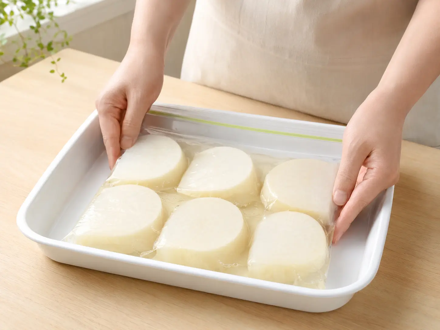 口を閉じた食品用ポリ袋を液漏れ防止用の清潔な容器へ載せる手元