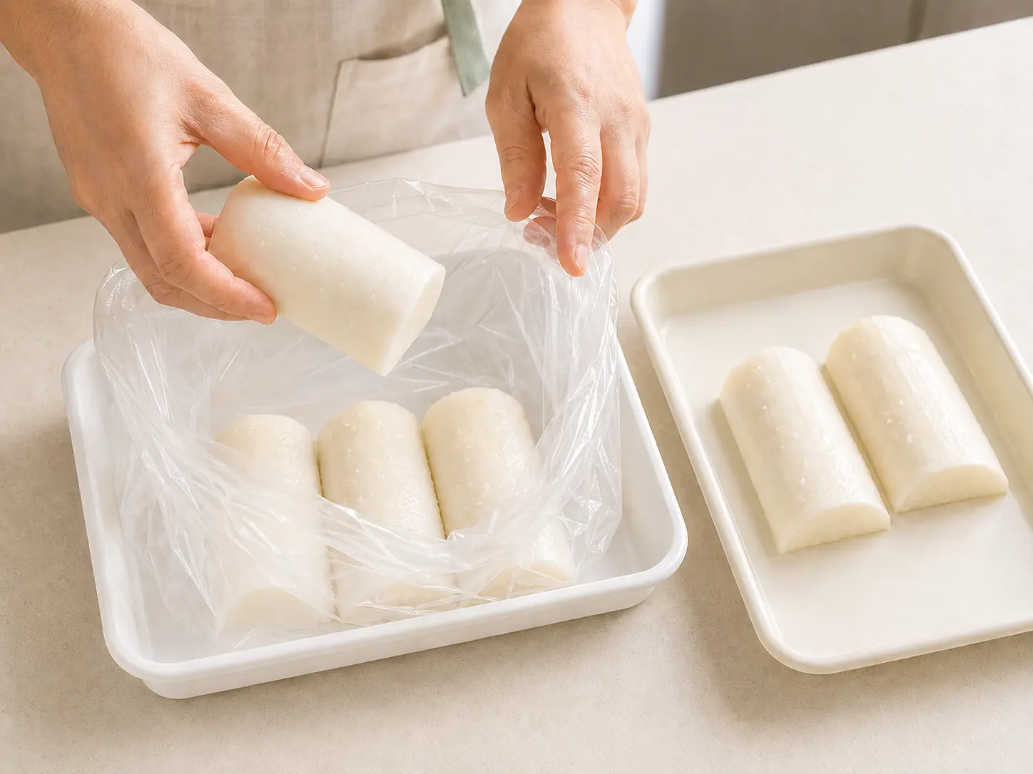 塩をすり込んだ6本の大根を食品用ポリ袋へ入れる手元