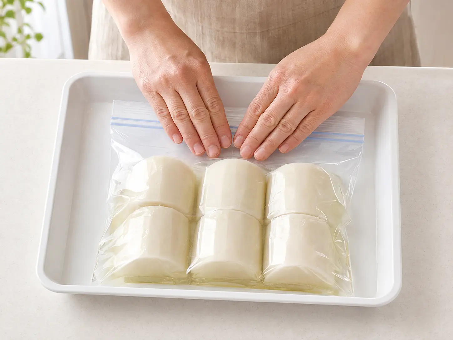 大根と調味料が入った食品用ポリ袋の空気を抜いて口を閉じる手元