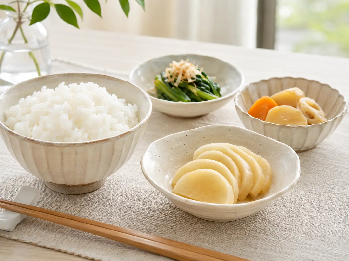 生成りの小鉢に盛った甘口たくあんを炊きたてのご飯へ添えた和の食卓