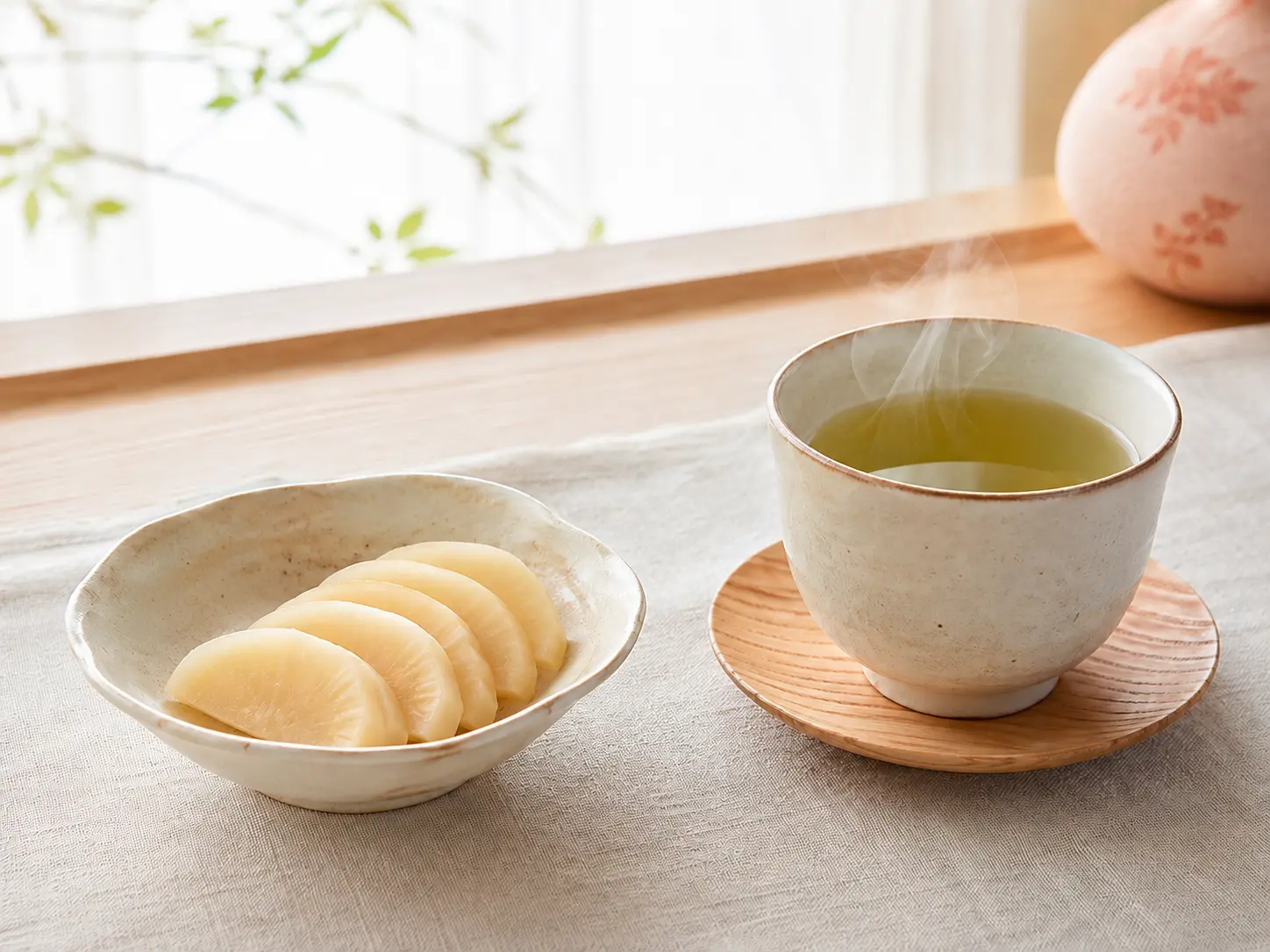 生成りの小鉢に盛った甘口たくあんと温かい日本茶を並べた食卓