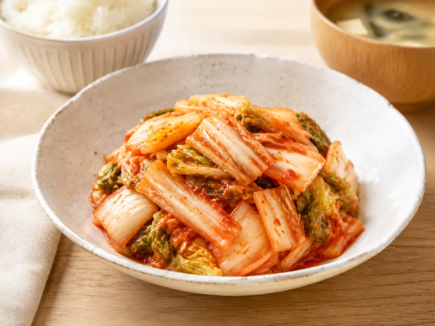 白い器へ盛った白菜キムチと、ごはん、汁物を合わせた家庭的な食卓