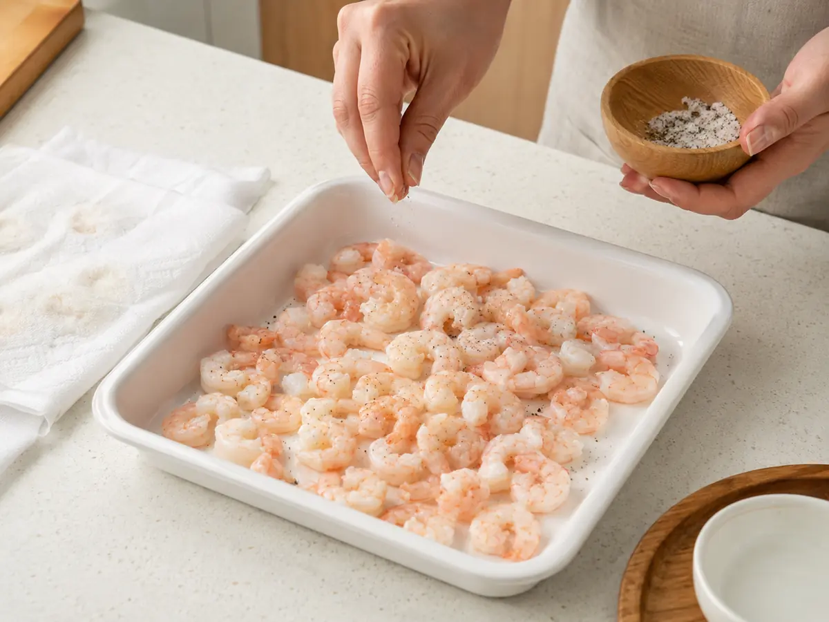 水気を拭いた小海老へ塩とコショーで軽く下味を付けている工程