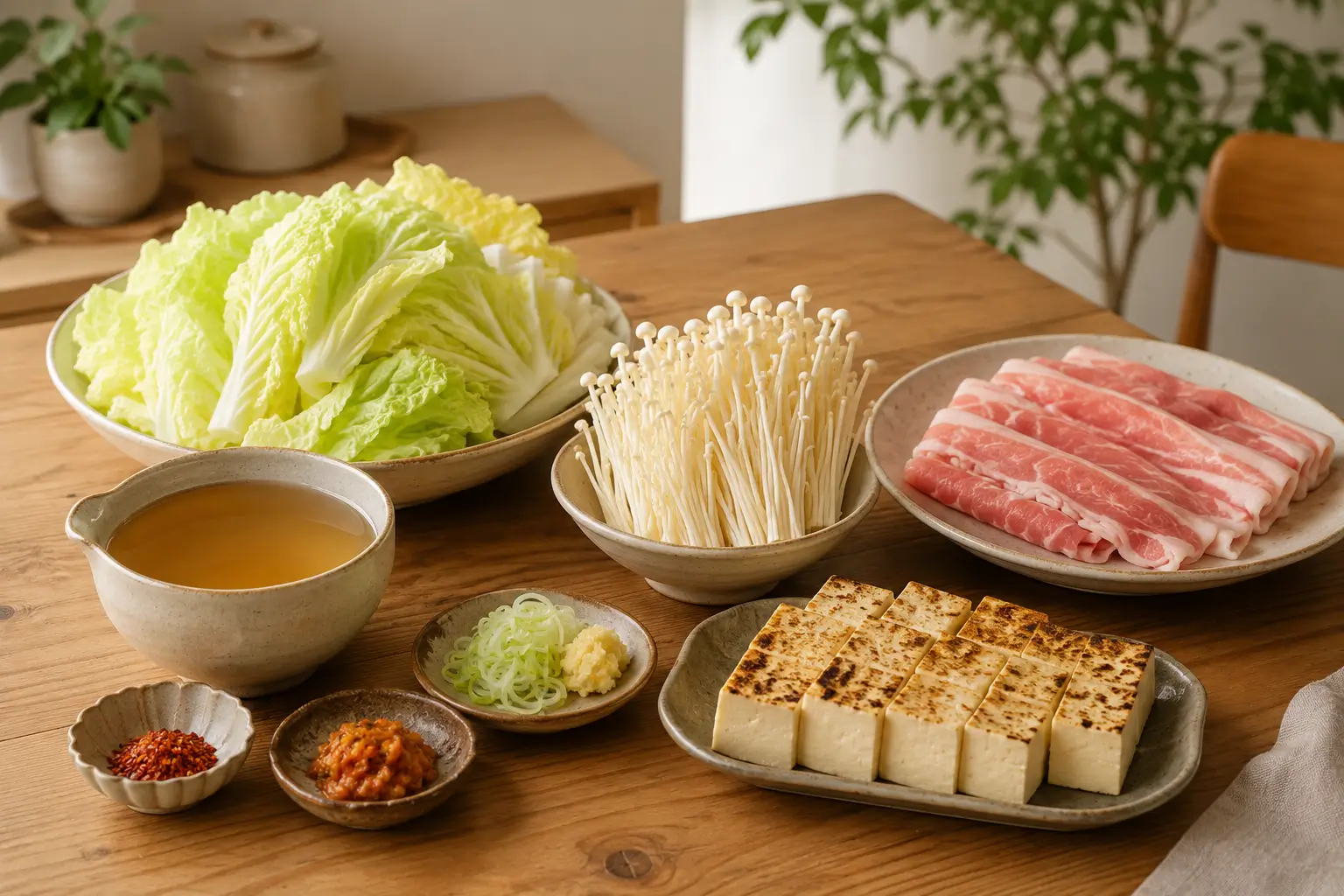 白菜、えのき茸、焼豆腐、豚肉、だし汁を木目テーブルに並べた材料イメージ