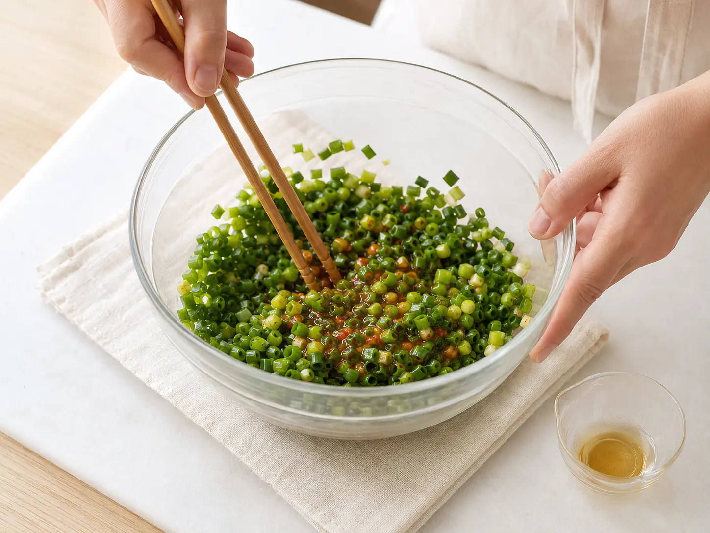 刻んだ青ねぎとキムチ漬の素などを混ぜ、最後にごま油を加えて軽く和えている工程