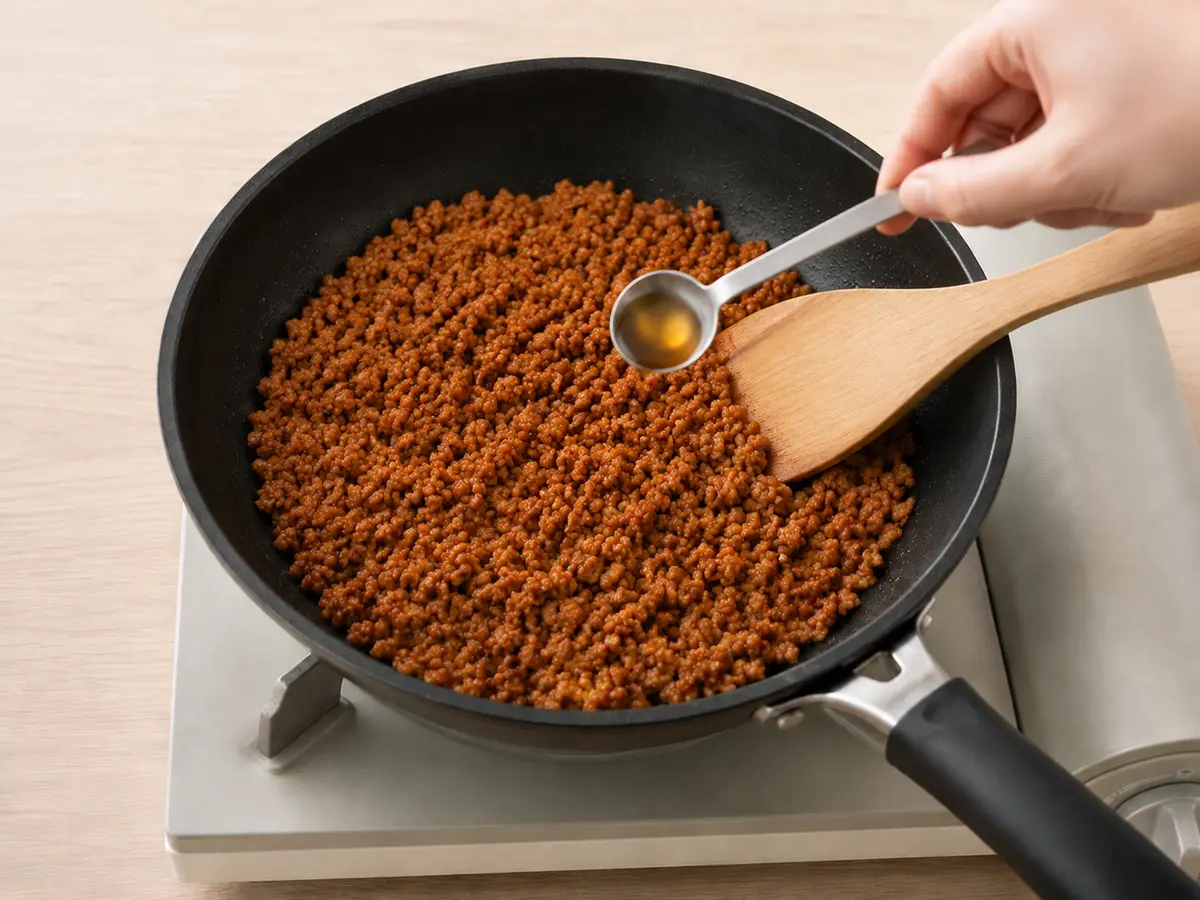 十分に炒めた豚ひき肉へ調味料を混ぜ、仕上げにごま油を加える工程
