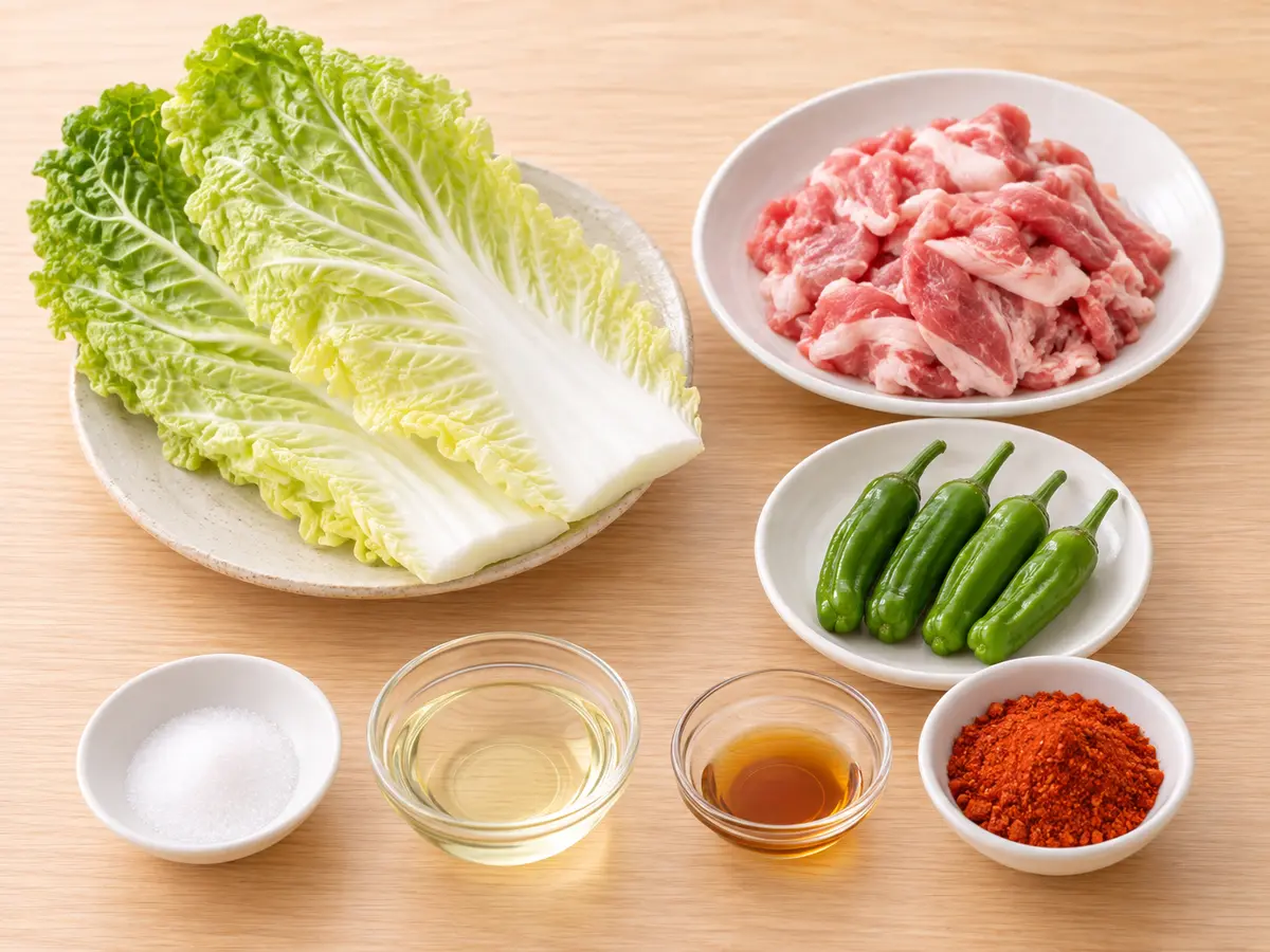 白菜の葉、豚こま切れ肉、しし唐辛子、砂糖、サラダ油、ごま油、キムチ漬の素を並べた材料