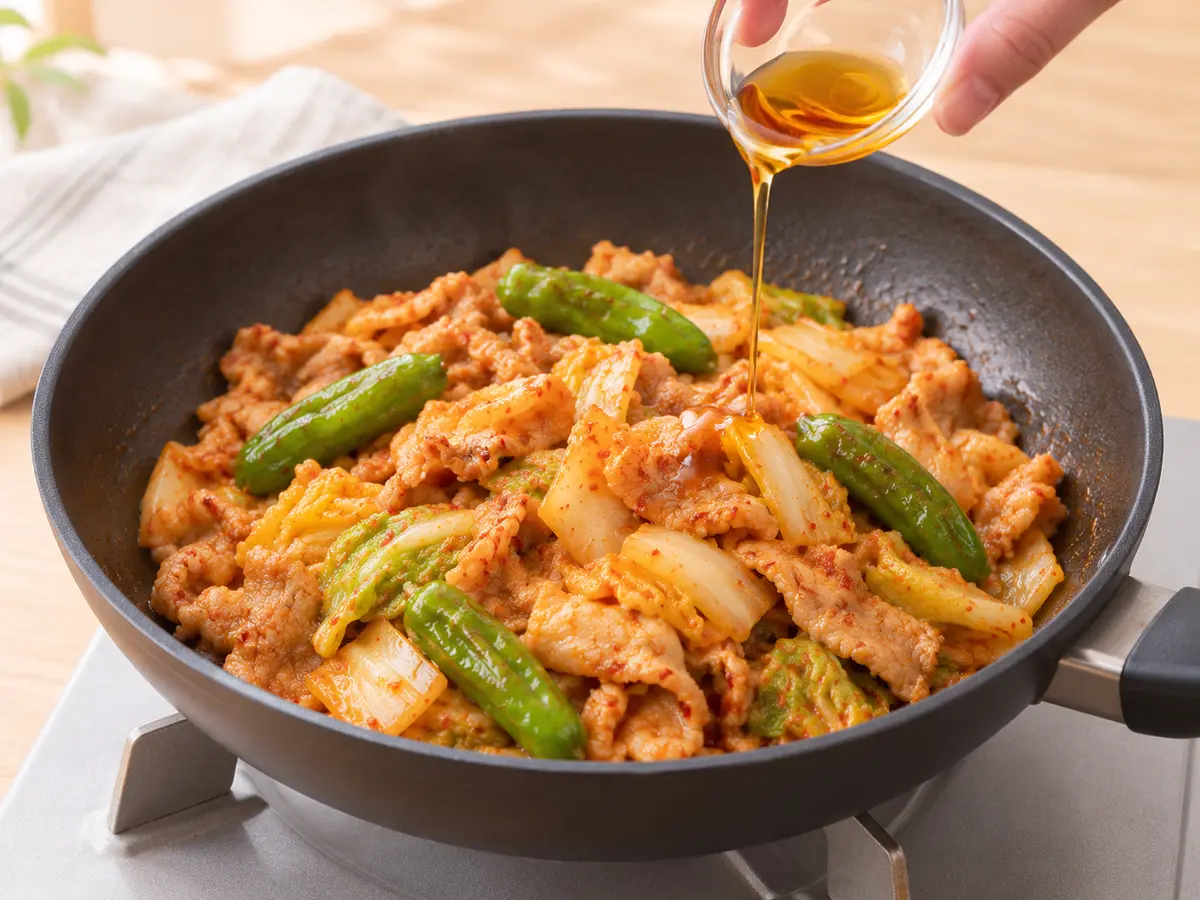 豚肉と白菜へ砂糖とキムチ漬の素を混ぜ最後にごま油を加える工程
