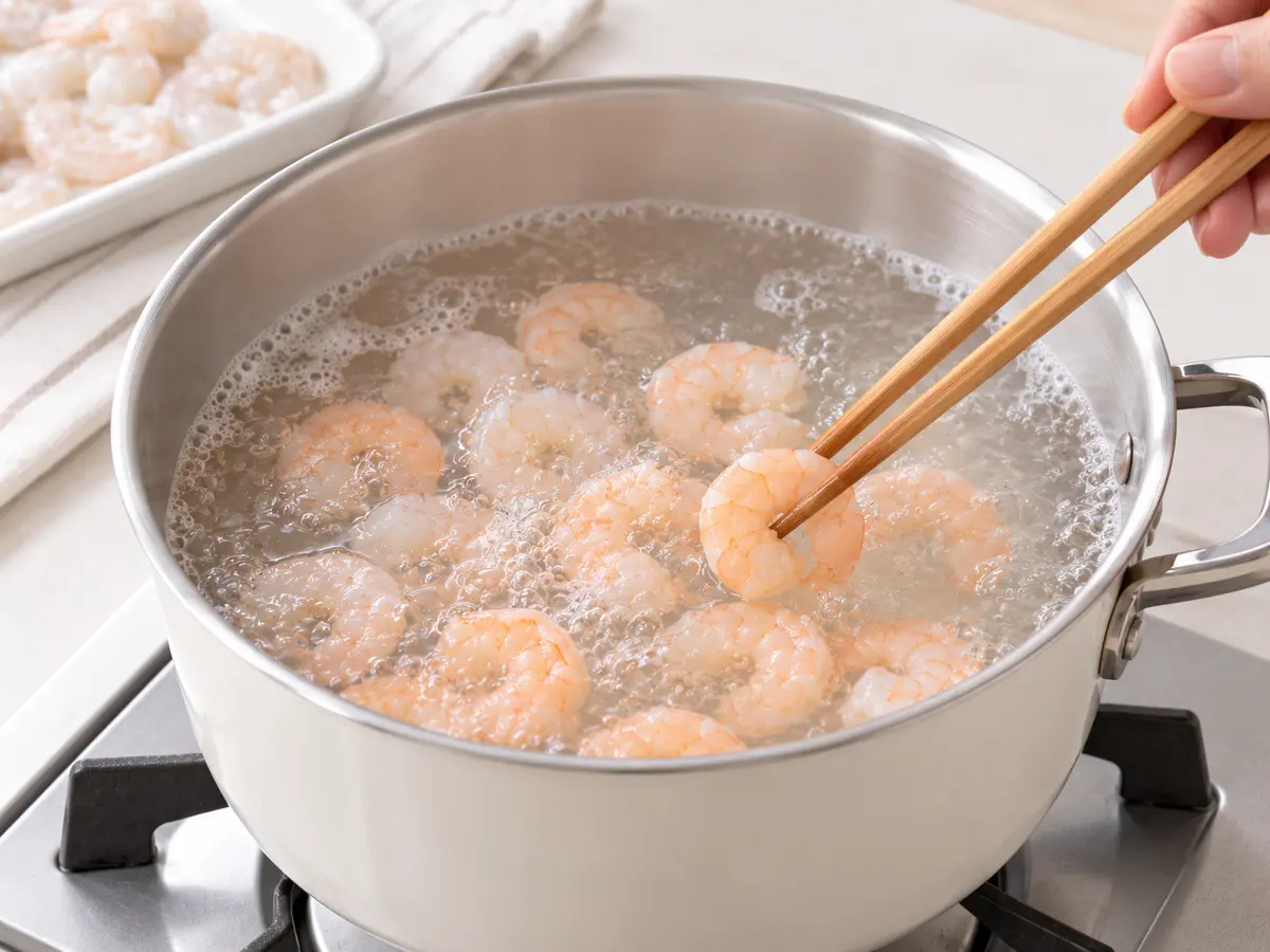 片栗粉をまぶした小エビを沸騰した湯でボイルする工程