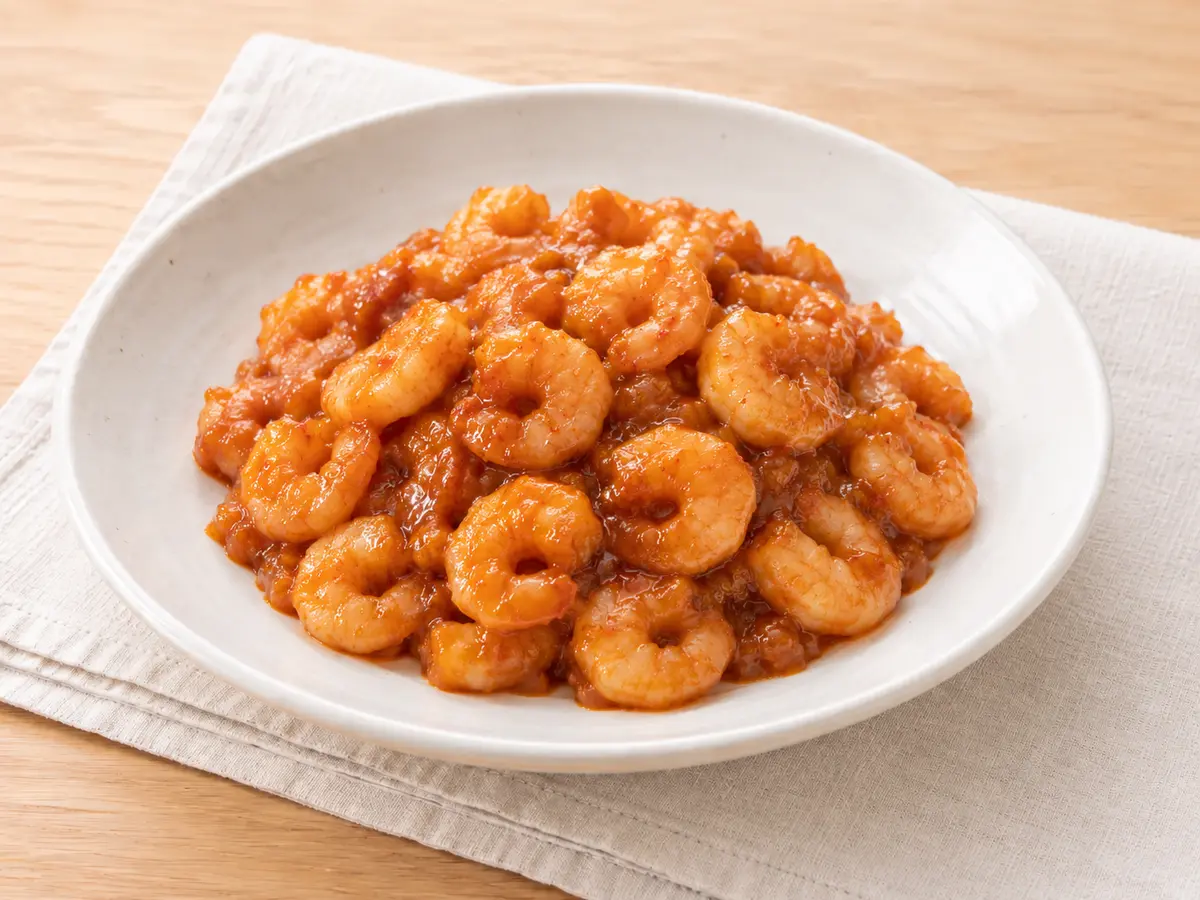 キムチ漬の素を使った赤褐色の調味液を小エビへ絡めたチリトロ炒め