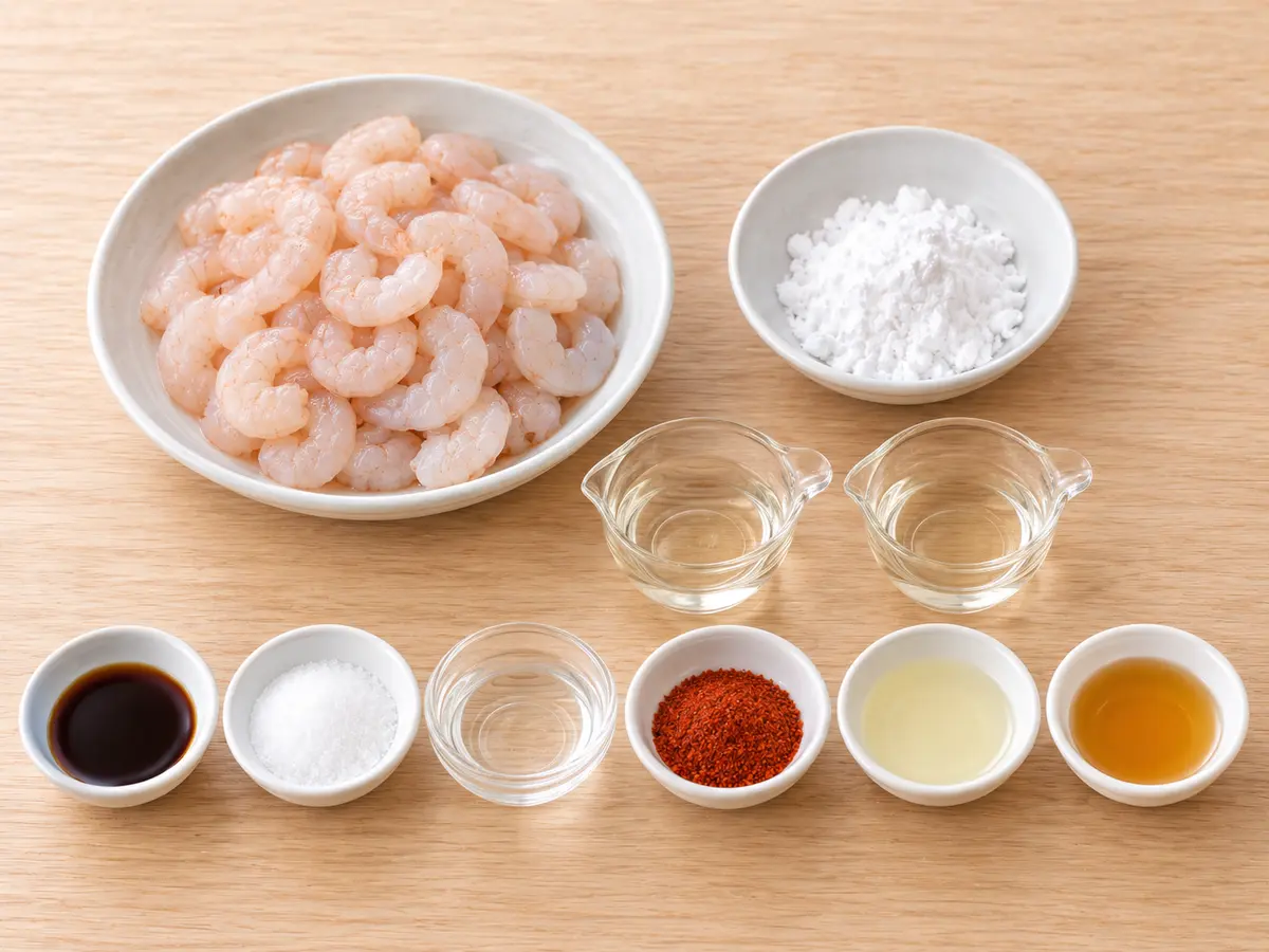 小海老のチリトロ炒めに使う小エビ、片栗粉、料理酒、しょうゆ、砂糖、水、サラダ油、ごま油、キムチ漬の素
