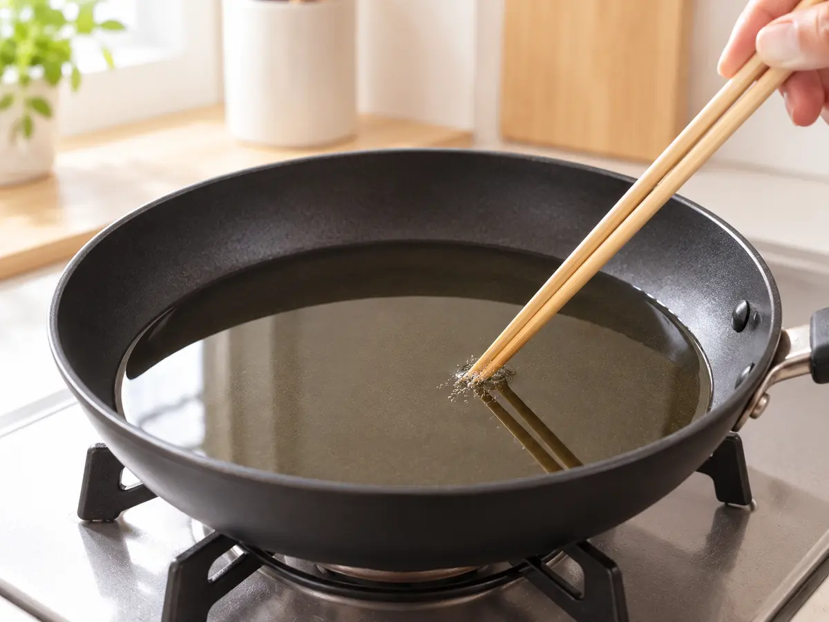 フライパンでサラダ油を中火で熱する工程