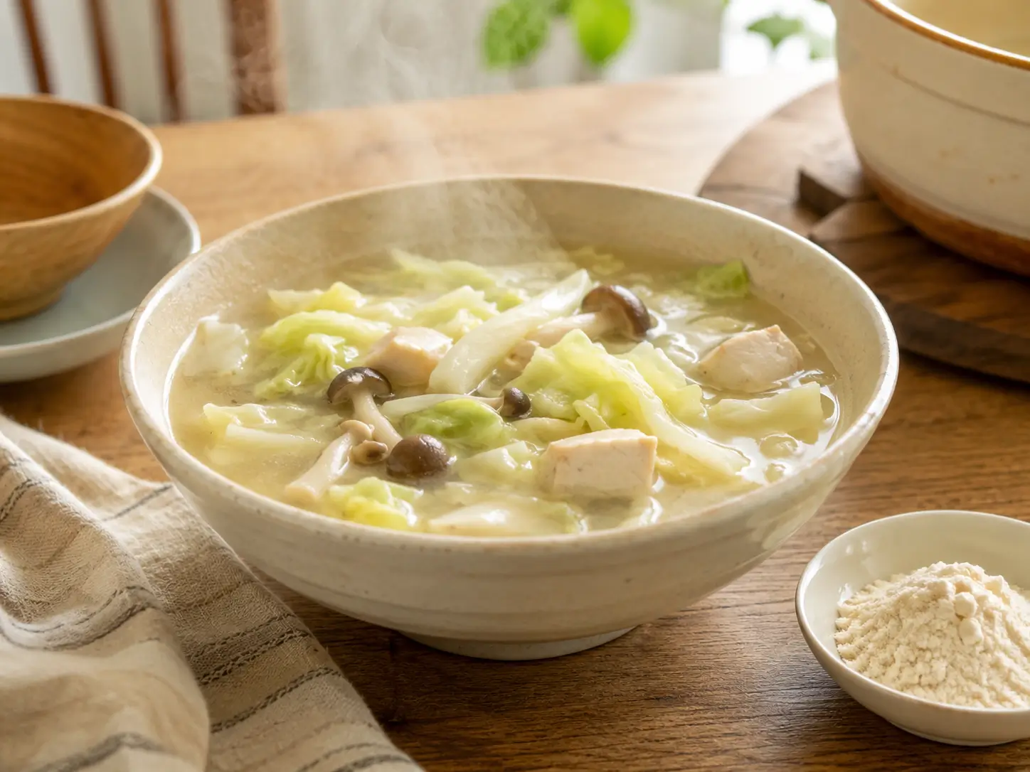 キャベツときのこが入った温かい塩麹スープ