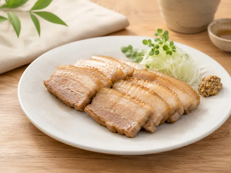 塩豚のスライスを皿に盛り、薬味やたれを添えた家庭の食卓イメージ
