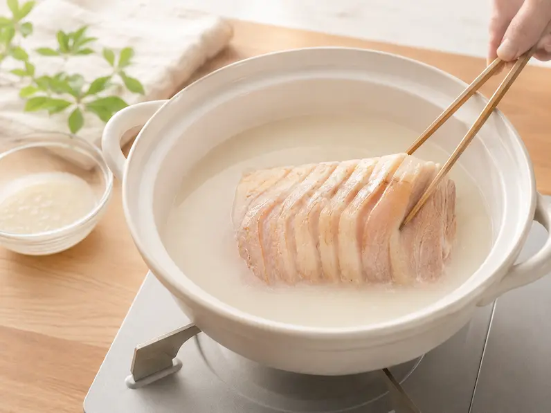 鍋に塩麹を溶かした水と豚肉を入れて煮る準備をしているイメージ