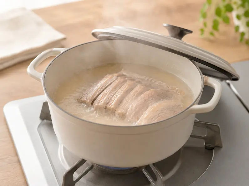 蓋を少しずらした鍋から湯気が立ち、弱火で塩豚を煮込んでいるイメージ