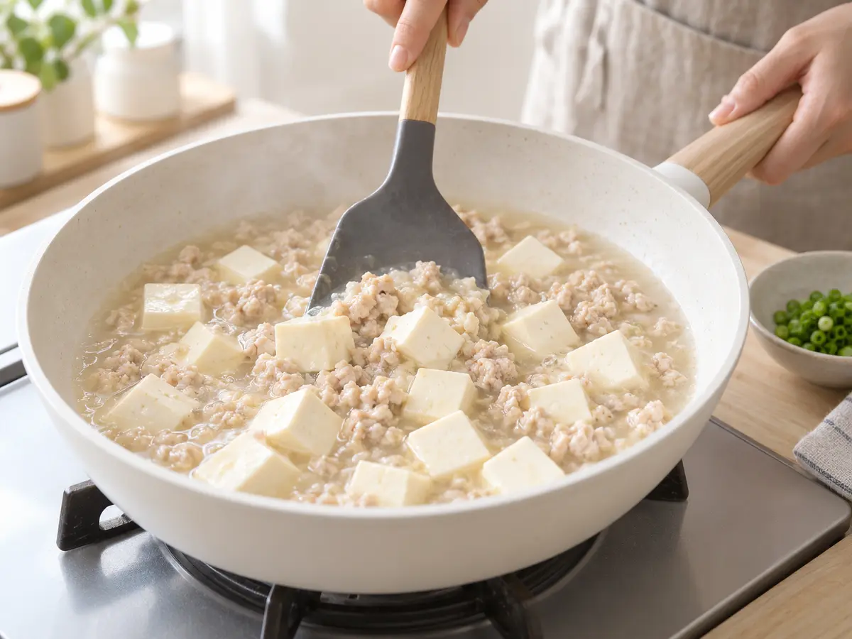 塩麹の調味液へ2センチ角の絹ごし豆腐を加えて大きく混ぜる工程
