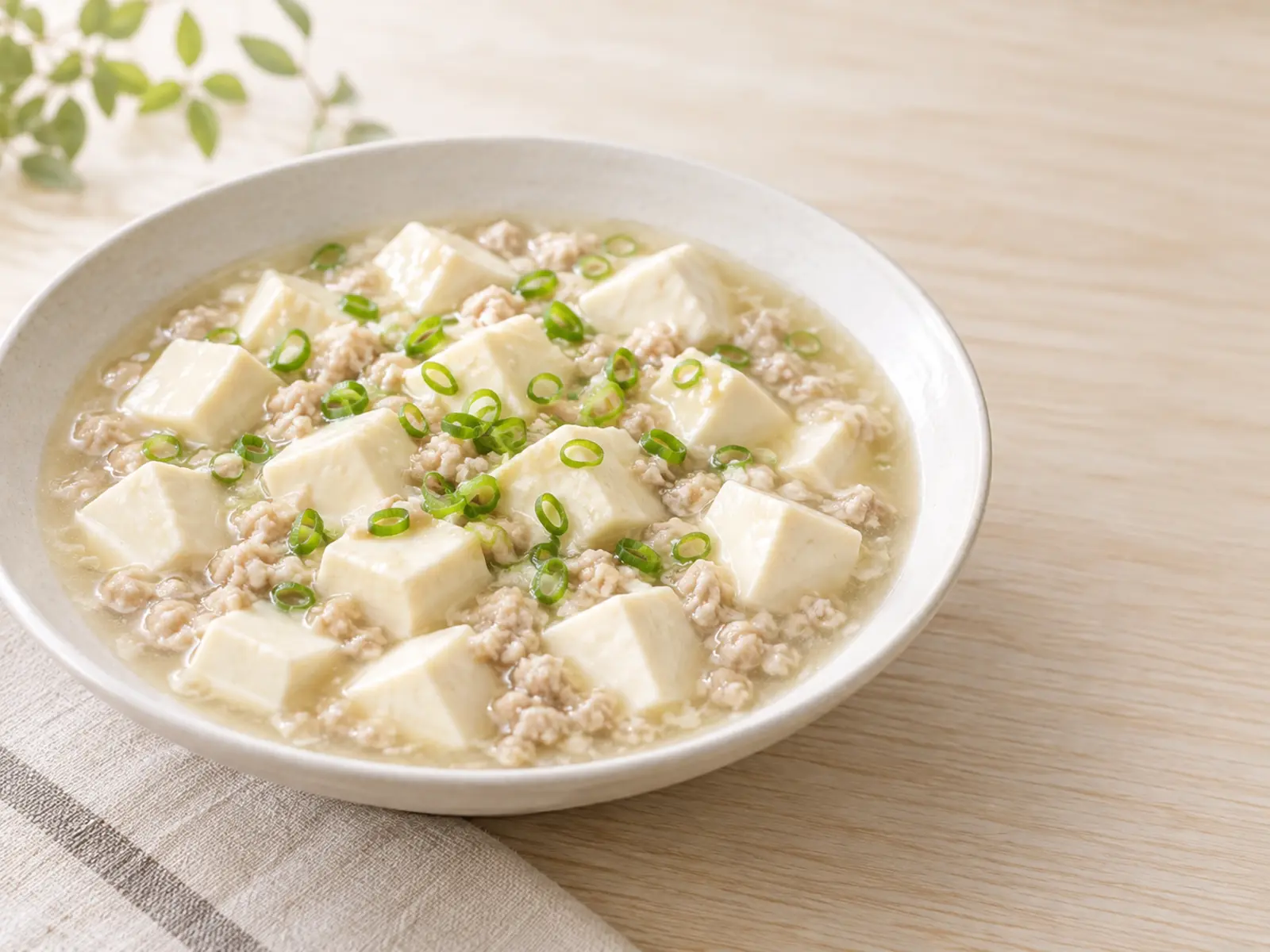 白い器に盛った塩麹と鶏ひき肉のあっさり麻婆豆腐