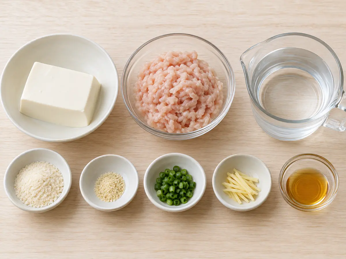絹ごし豆腐、鶏ひき肉、粉末塩麹、水、鶏がらスープの素、ねぎ、生姜、ごま油