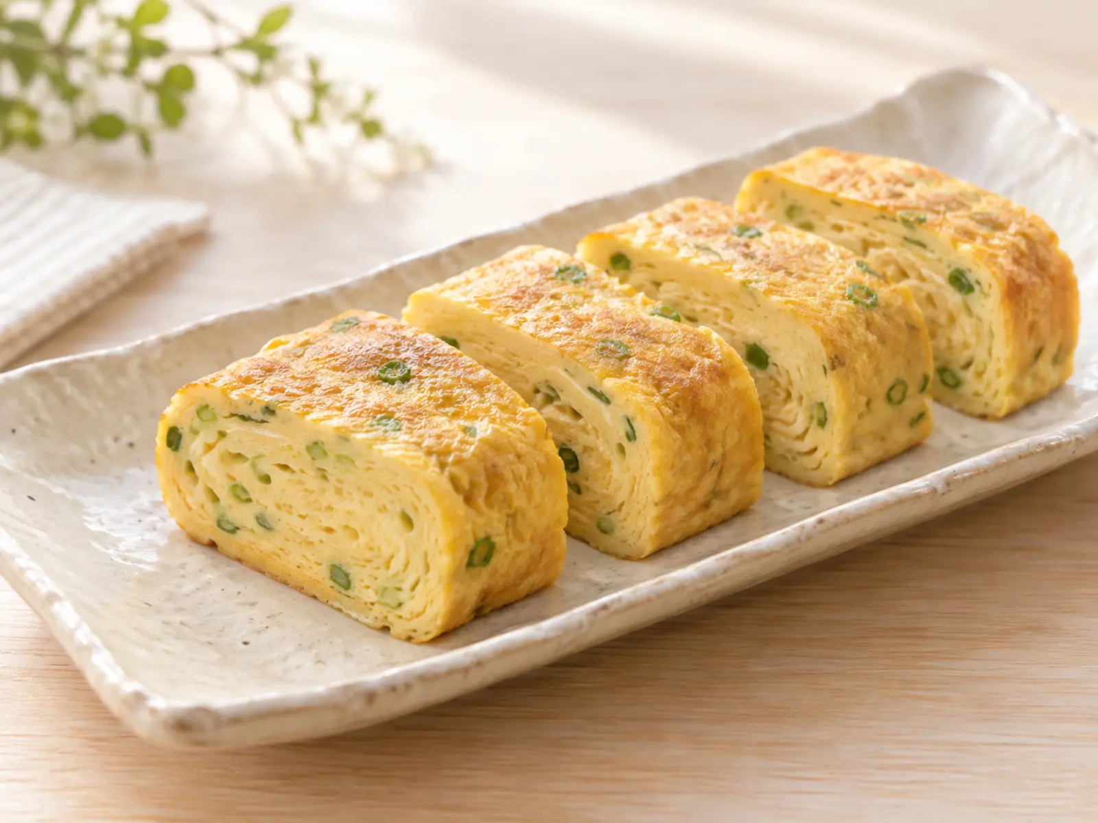 生成り色の長皿に盛り付けた塩麹とねぎの玉子焼き